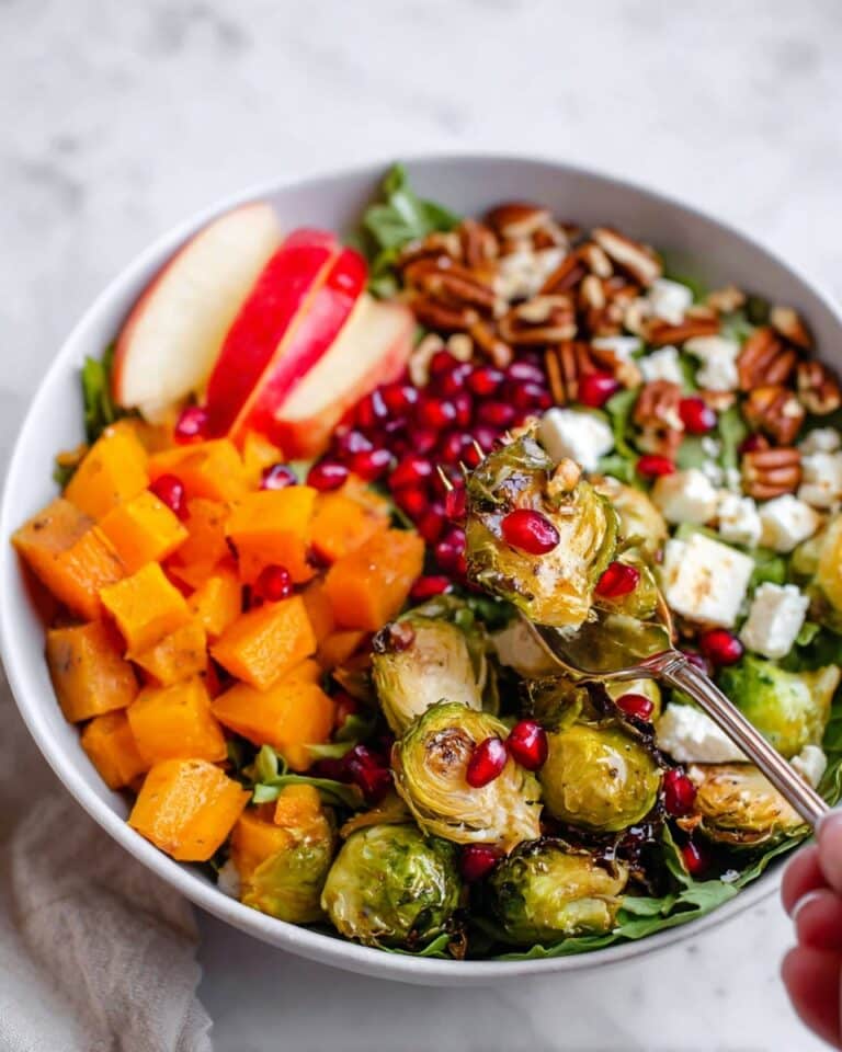 Fall Harvest Brussels Sprouts Salad with Roasted Butternut Squash, Apple, Pecan, and Cranberry Recipe