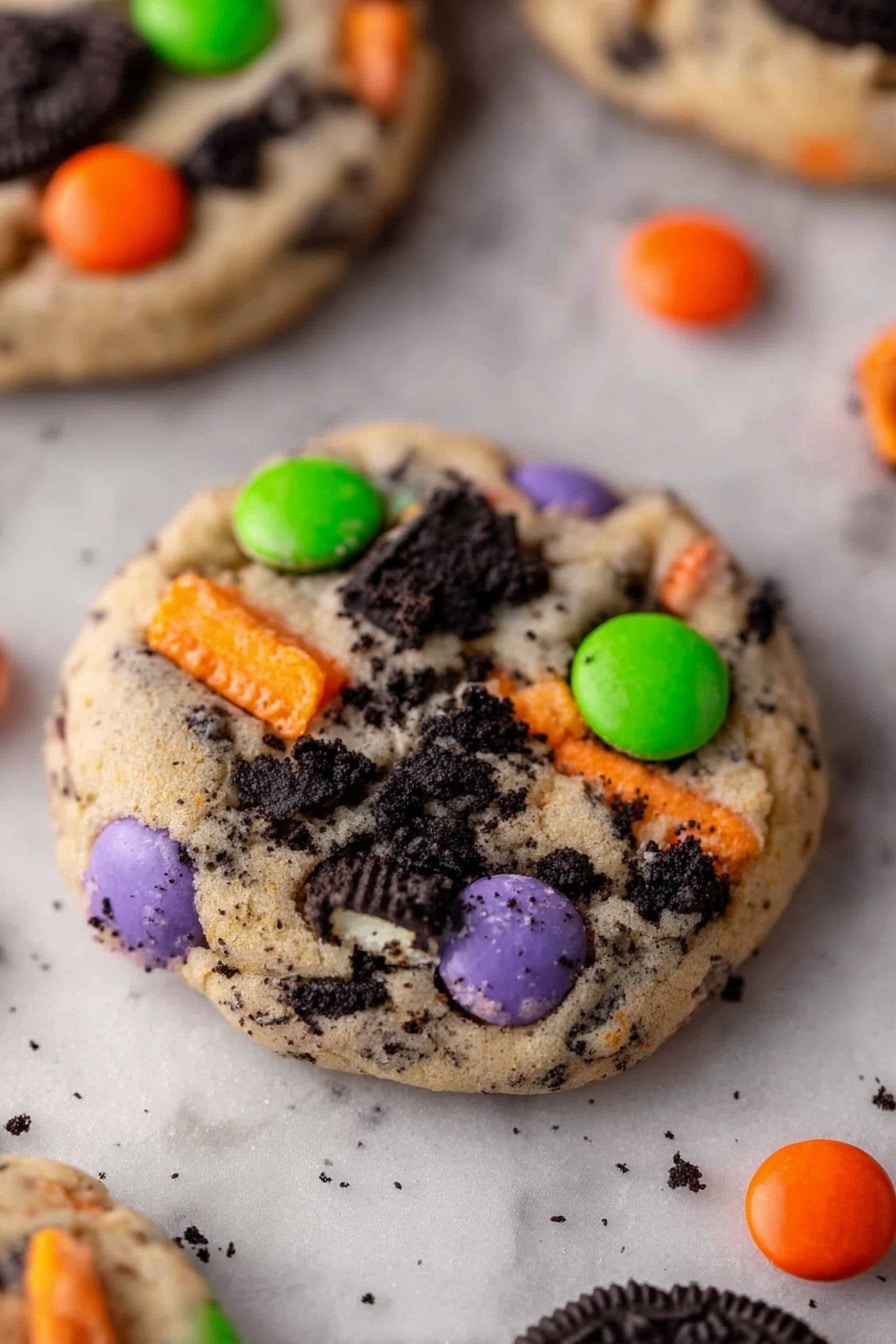 Halloween Oreo M&M's Cookies, festive Halloween cookies, easy Halloween cookie recipe, colorful seasonal cookies, spooky dessert ideas - A single round cookie with a light beige base, mixed with small black cookie crumbs throughout. The cookie is topped with colorful candy pieces in bright orange, green, and purple, some embedded and some resting on top. There are visible chunks of dark chocolate cookie pieces with orange filling, scattered on the surface of the cookie. The background is a white marbled texture with more cookies and some orange candy pieces slightly blurred in the back. Photo taken with an iphone --ar 2:3 --v 7