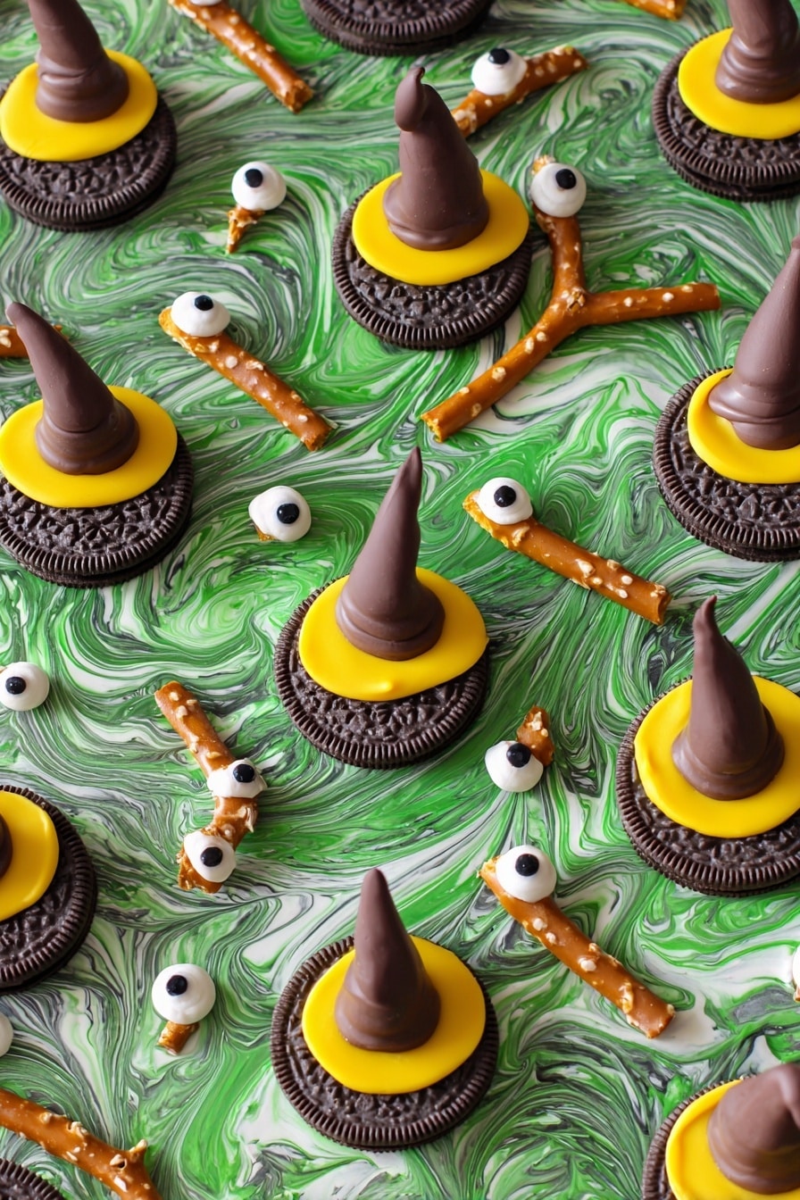 Melted Witch Halloween Bark, Halloween candy, Halloween treat ideas, spooky Halloween desserts, festive Halloween bark - The image shows a white marbled surface covered with a swirl of melted chocolate and green colored chocolate, creating a marbled textured base. On top, there are several Oreo cookies each topped with a pointed chocolate candy cone, forming witch hat shapes. Bright yellow icing rings the base of each cone on the Oreo. Scattered around are pretzel sticks dipped in chocolate on one end and decorated with slivered almonds to look like broomsticks. Tiny candy eyes are spread evenly over the chocolate base, adding a playful touch. The overall look is colorful and festive with clear layers and textures. photo taken with an iphone --ar 2:3 --v 7