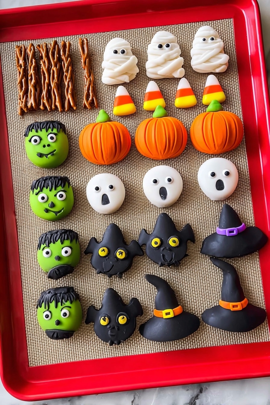Halloween Pretzels with Fondant Decorations and Chocolate Topping, festive Halloween pretzel treats, easy Halloween snack ideas, Halloween party appetizer, kid-friendly Halloween desserts - A red baking tray with a white marbled background holds an assortment of small Halloween-themed candies arranged in rows on a beige baking mat. There are four green Frankenstein faces with black hair, big white and black eyes, and black stitched mouths placed in the bottom left corner. To the right, two black bats with yellow eyes and spread wings sit flat. Above them are three orange pumpkins with green stems and ridges, followed by three white ghosts with simple black eyes and round mouths. Two black witch hats with purple bands sit among the candies. At the top, four candy corn pieces in white, orange, and yellow stand upright in a row. There are also two white mummies with small black eyes, one near the top left and one on the right. On the far left, rows of brown pretzel sticks are visible. photo taken with an iphone --ar 2:3 --v 7