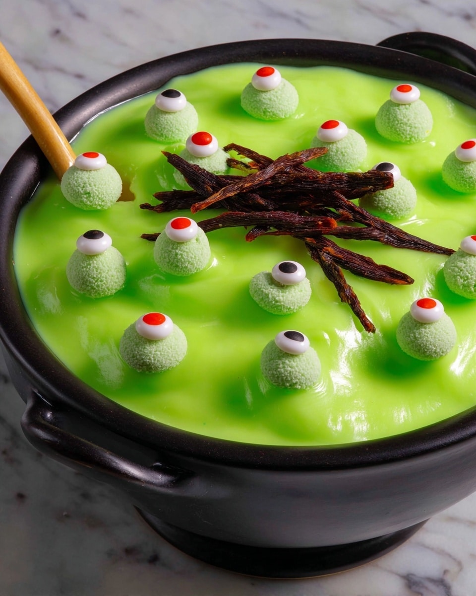 Witches Brew Halloween Trifle, Halloween dessert recipes, spooky Halloween sweets, easy Halloween party desserts, Halloween trifle ideas - In a black round bowl with a handle, there is a thick, shiny bright green layer of creamy pudding that fills the bowl fully, topped with evenly spaced light green round candies and small fake eyeball candies with white, black, and red details scattered on the surface. Near the bottom center, there is a small pile of long, shiny, dark orange licorice strands placed on the green pudding. A wooden spoon with a pale handle is partly dipped into the pudding on the left side. The bowl is set on a white marbled surface. Photo taken with an iphone --ar 2:3 --v 7