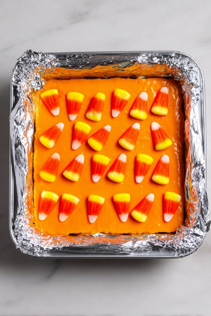 Halloween Fudge, festive Halloween treats, spooky fudge recipe, easy Halloween dessert, candy corn fudge - A square dessert with three layers is shown in a white marbled background. The bottom layer is a darker orange base, with a thicker, bright orange middle layer filling the entire square, smooth and even on top. On the very top layer, there are small candy corn pieces placed evenly in rows, with their white, orange, and yellow colors standing out against the bright orange surface. The dessert sits inside a square baking dish lined with silver foil that wraps over the edges of the dish. Photo taken with an iphone --ar 2:3 --v 7