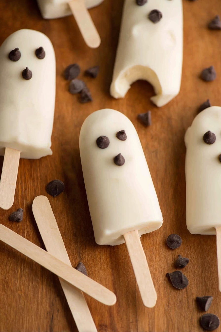 Boonanas – A Frozen Banana Ghost Halloween Treat, Halloween banana treats, healthy Halloween dessert, spooky kid-friendly snacks, frozen banana ghosts - The image shows several popsicles with a smooth white coating shaped like ghosts, each having three small dark chocolate chips arranged as eyes and a mouth on the top layer. There is one popsicle with a bite taken out of the top, revealing a lighter inside layer under the white coating. All popsicles have light wooden sticks attached to their base. Some loose chocolate chips are scattered around the popsicles on a wooden surface that has a warm brown color with visible grain texture. Two light wooden popsicle sticks lay next to the popsicles in the lower left area of the image. The overall look is soft and creamy with a playful ghost design. Photo taken with an iphone --ar 2:3 --v 7