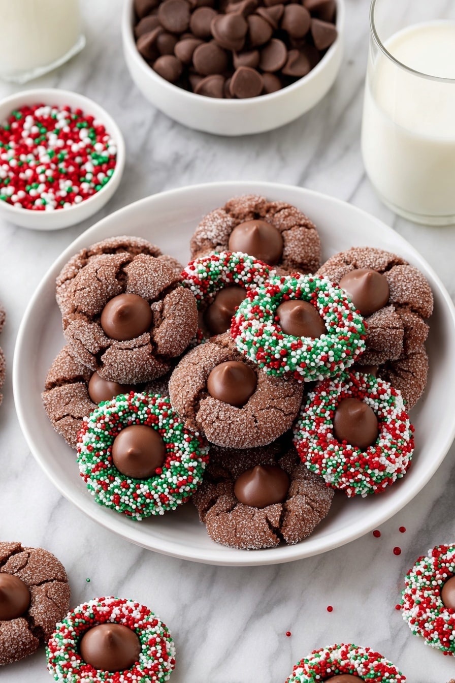 Chocolate Kiss Cookies, easy chocolate cookies, no-bake cookies, chocolate dessert recipes, quick cookie ideas - The image shows a close-up of chocolate cookies with a round shape and a crinkly texture covered in sugar. Each cookie has one chocolate candy placed in the middle, which is smooth and glossy with a small point on top. One cookie stands out with colorful red, green, and white round sprinkles covering the outer edge, creating a bright and festive look. The cookies are stacked closely together, filling the frame. photo taken with an iphone --ar 2:3 --v 7