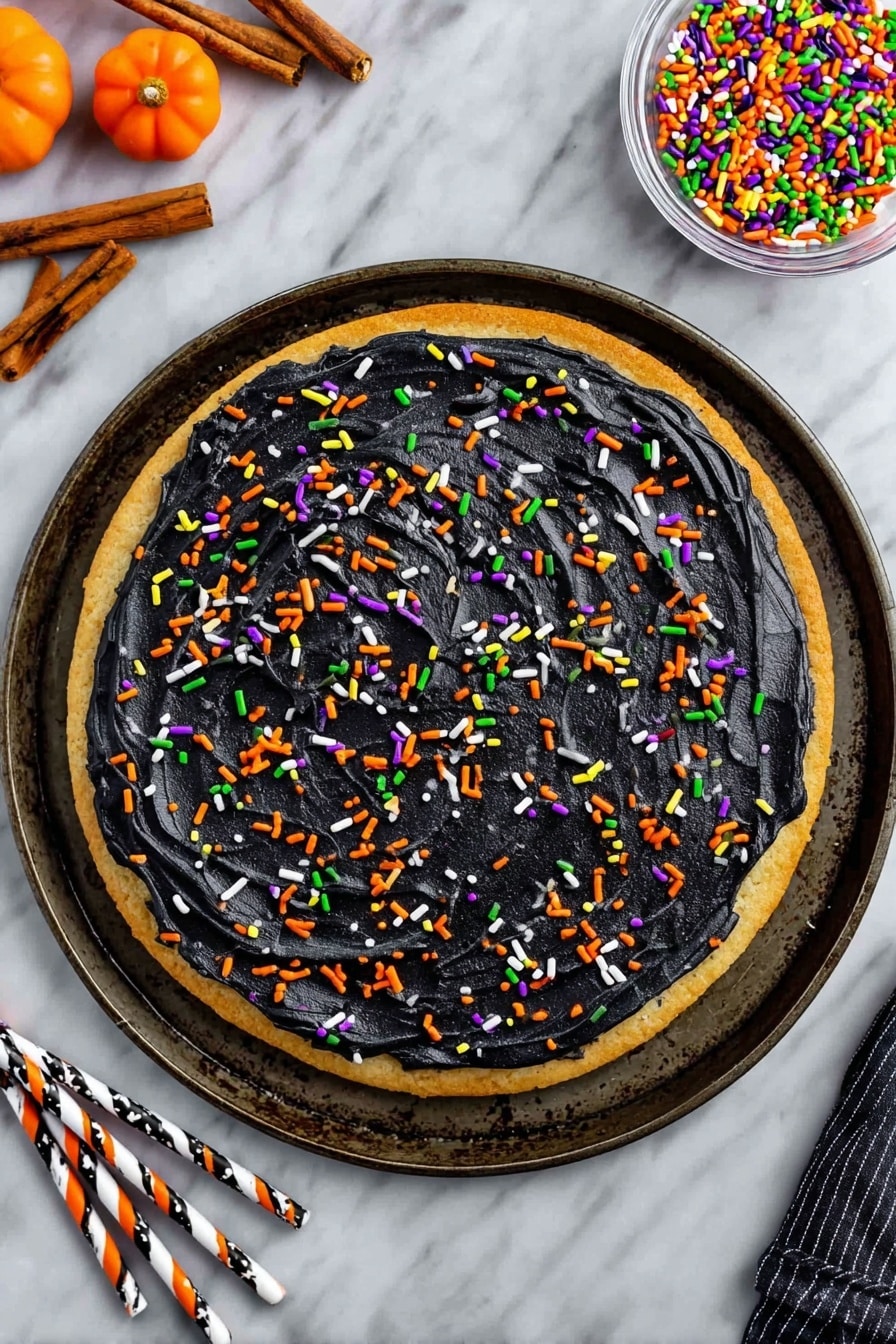 Halloween Pumpkin Spice Cookie Cake with Cream Cheese Frosting, fall pumpkin spice dessert, Halloween festive treat, easy cookie cake recipe, pumpkin spice holiday baking - A round cookie base in light brown color forms the bottom layer, topped with a thick spread of black frosting that has a smooth, slightly shiny texture with visible swirl marks. Colorful sprinkles in orange, green, purple, and white are scattered evenly over the black frosting layer. The cookie sits on a dark metal round tray, placed on a white marbled surface. On the top right, there is a clear glass bowl filled with the same colorful sprinkles, and on the top left, there are two cinnamon sticks and two small orange pumpkin-shaped candies. At the bottom left, there are three paper straws with black and white stripes, orange stripes, and black dots. Photo taken with an iphone --ar 2:3 --v 7