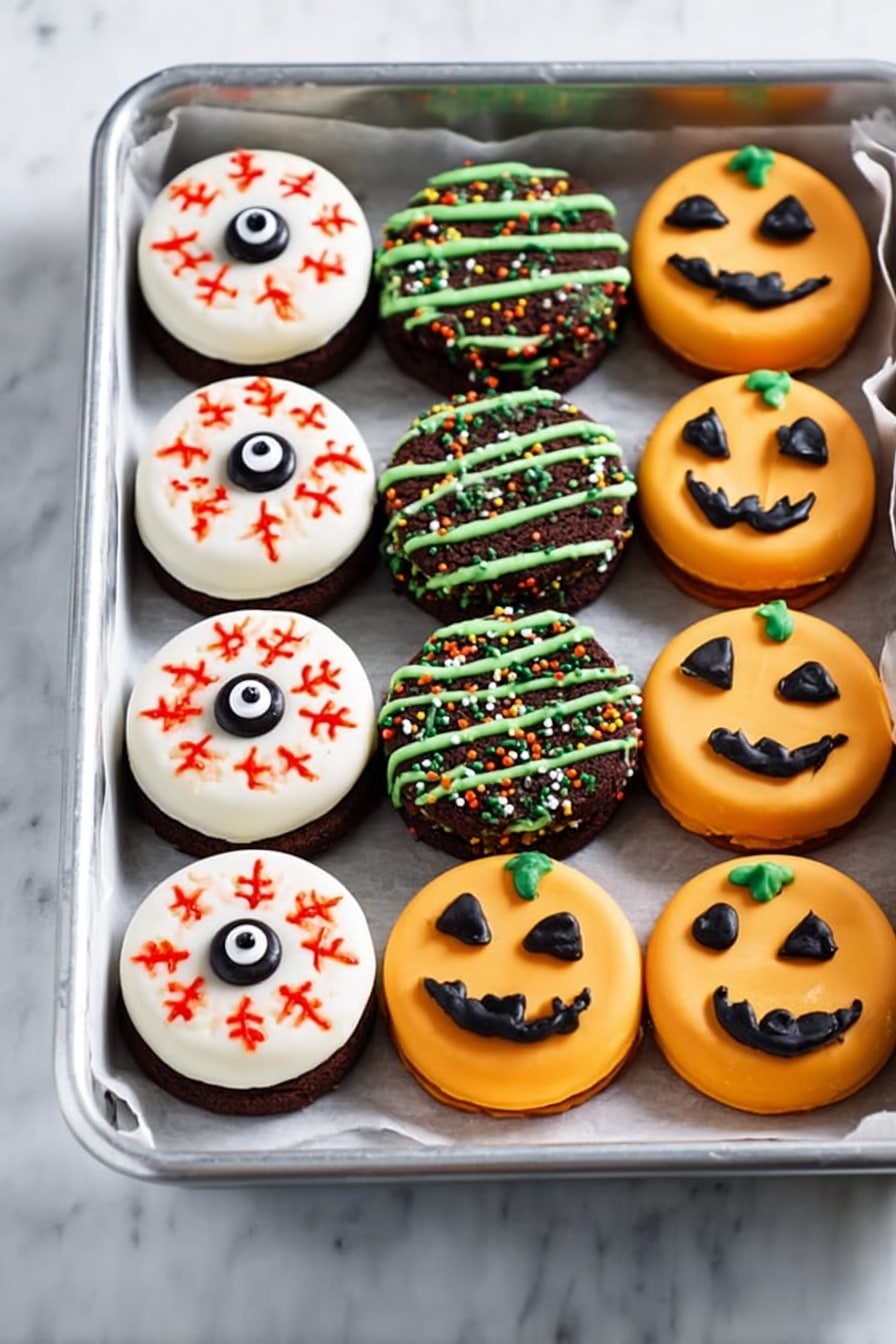 Halloween Oreo Candy Melts Treats, festive Halloween dessert, easy Halloween candy, no-bake Halloween treats, spooky Halloween party snacks - The image shows a metal tray lined with white parchment paper holding three types of round Halloween-themed cookies arranged in neat rows. The first type has a white base layer and is topped with a black and white candy eyeball in the center, decorated with red icing lines radiating outward like blood vessels. The second type has a dark brown base layer with green icing drizzled across the top and colorful sprinkles scattered over it. The third type has an orange base topped with black icing forming simple jack-o'-lantern faces, some with triangle eyes and others with round eyes and a smile. The tray rests on a white marbled background. photo taken with an iphone --ar 2:3 --v 7
