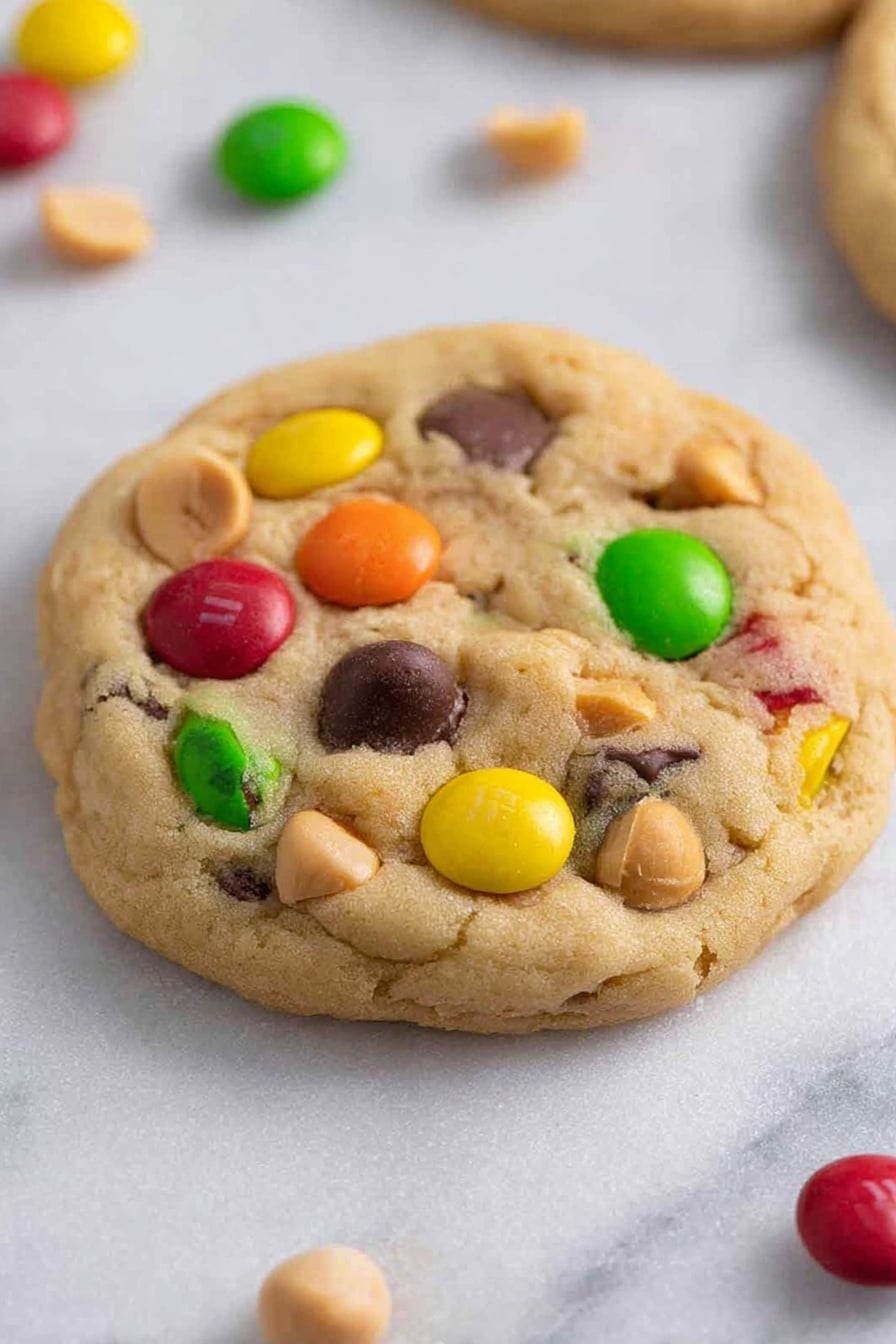 Crumbl Monster Cookie, homemade monster cookie, soft chewy cookies, M&M cookie recipe, peanut butter chocolate cookies - A light golden cookie with a soft texture is shown close up on a white marbled surface. The cookie is studded with colorful candy-coated chocolates in red, green, yellow, and orange, along with smooth, creamy peanut pieces and dark chocolate chips spread evenly throughout. The cookie has a slightly round shape with a slight uneven edge, and the top layer shows all the different candy and nut colors contrasting with the light cookie dough. Several more colorful candies are scattered loosely around the cookie on the white marbled background. photo taken with an iphone --ar 2:3 --v 7