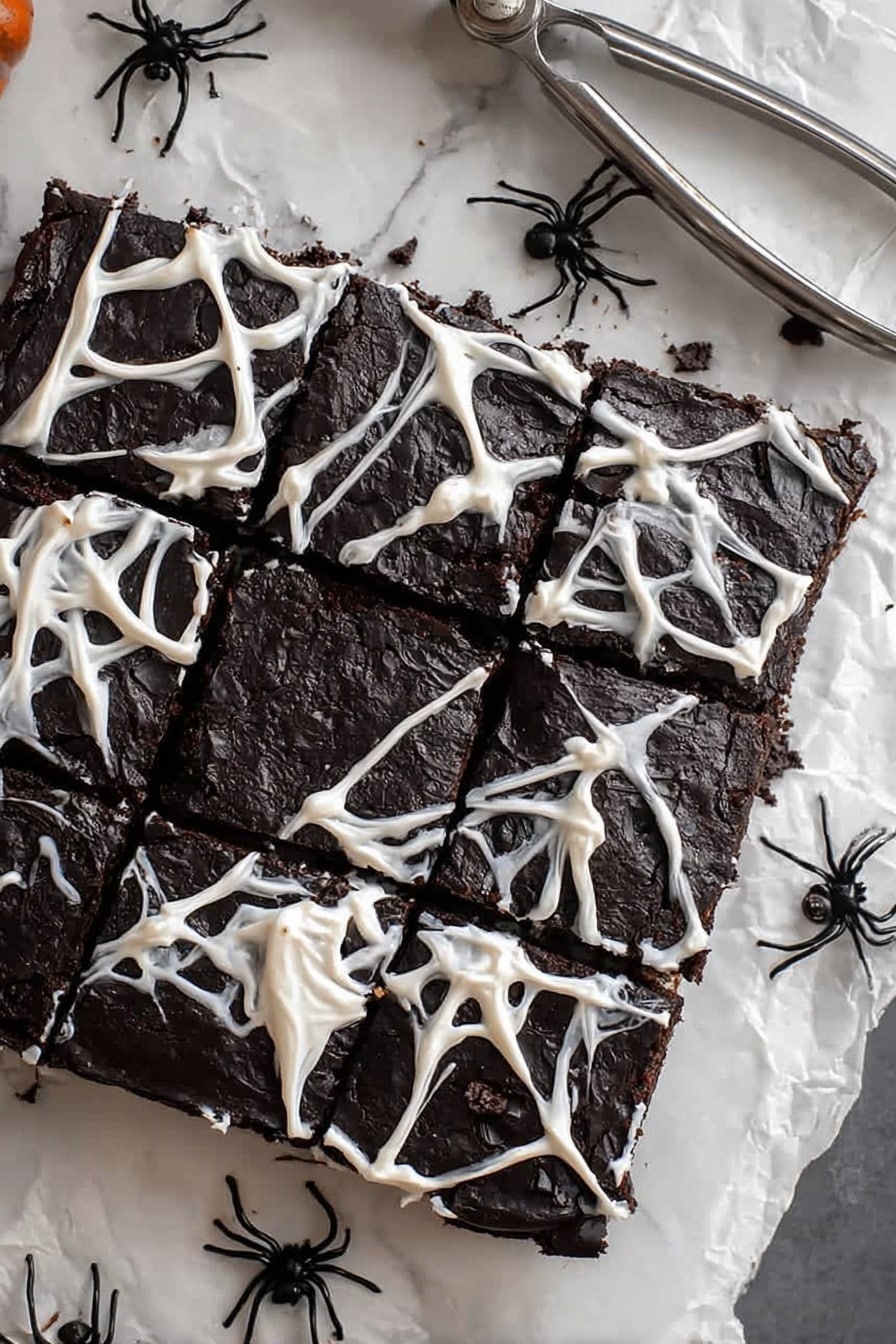 Black Cocoa Brownies with Spider Web Decoration, black cocoa brownies, spooky Halloween brownies, fudgy chocolate brownies, spider web dessert ideas - A square block of dark black brownies is placed on a white marbled surface, divided into 16 small square pieces. The brownies are decorated with thin, irregular white cream strands that look like spider webs spread across the top layer, creating a delicate texture. Small black plastic spiders are scattered on and around the brownies, enhancing the spooky theme. The background includes a pair of metal tongs lying diagonally above the brownies. photo taken with an iphone --ar 2:3 --v 7
