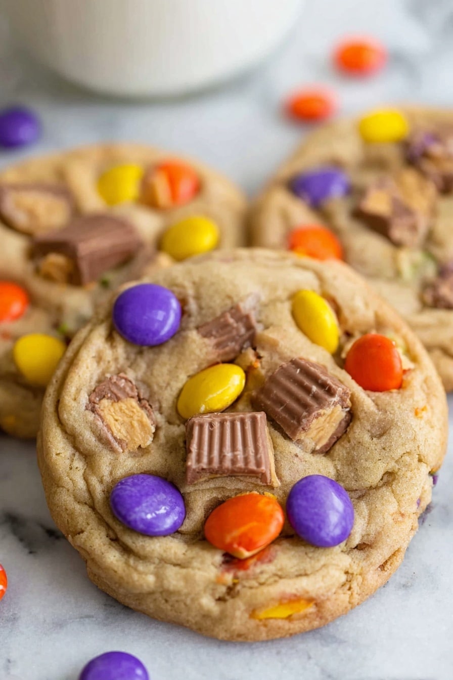 Leftover Halloween Candy Cookies, Halloween Candy Cookie Ideas, Candy-Stuffed Cookies, Easy Halloween Dessert Recipes, Chewy Halloween Cookies - The image shows a close-up of three soft, thick cookies on a white marbled surface. Each cookie has a light golden-brown color with a slightly rough texture. The cookies are decorated with colorful candy pieces in purple, yellow, orange, and red scattered unevenly on the surface. Additionally, there are chunks of mixed chocolate pieces embedded, including milk chocolate with a creamy filling and small peanut butter cup pieces with a textured striped pattern. The cookies appear fresh and slightly warm. photo taken with an iphone --ar 2:3 --v 7
