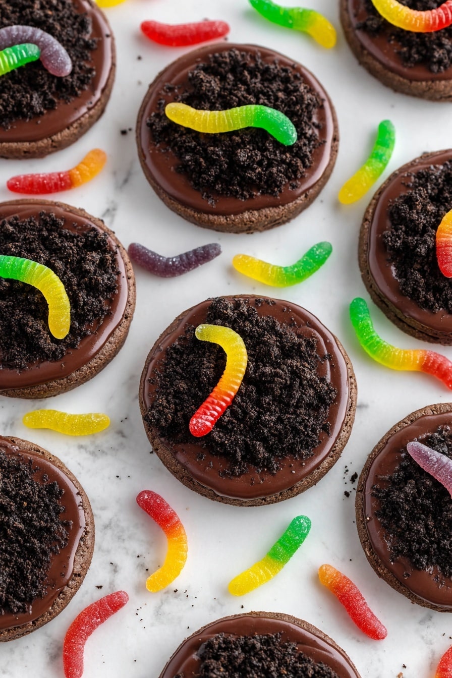 Dirt and Worm Cake Mix Cookies, Halloween no-bake cookies, fun dessert recipes, chocolate cookie ideas, kid-friendly sweets - A stack of round chocolate cookies forms the base layer, each cookie with a dark brown color and a slightly rough texture. On top of each cookie is a smooth layer of shiny dark chocolate spread, covering the surface evenly. Over the chocolate layer, there is a generous sprinkling of finely crushed Oreo cookie crumbs that look like dark dirt. Each cookie is decorated with a colorful gummy worm placed on top, showing bright colors like green, blue, yellow, orange, and red, curved along the cookie's circle. The cookies are arranged closely together, filling the frame with a background of white marbled texture barely visible. Photo taken with an iphone --ar 2:3 --v 7