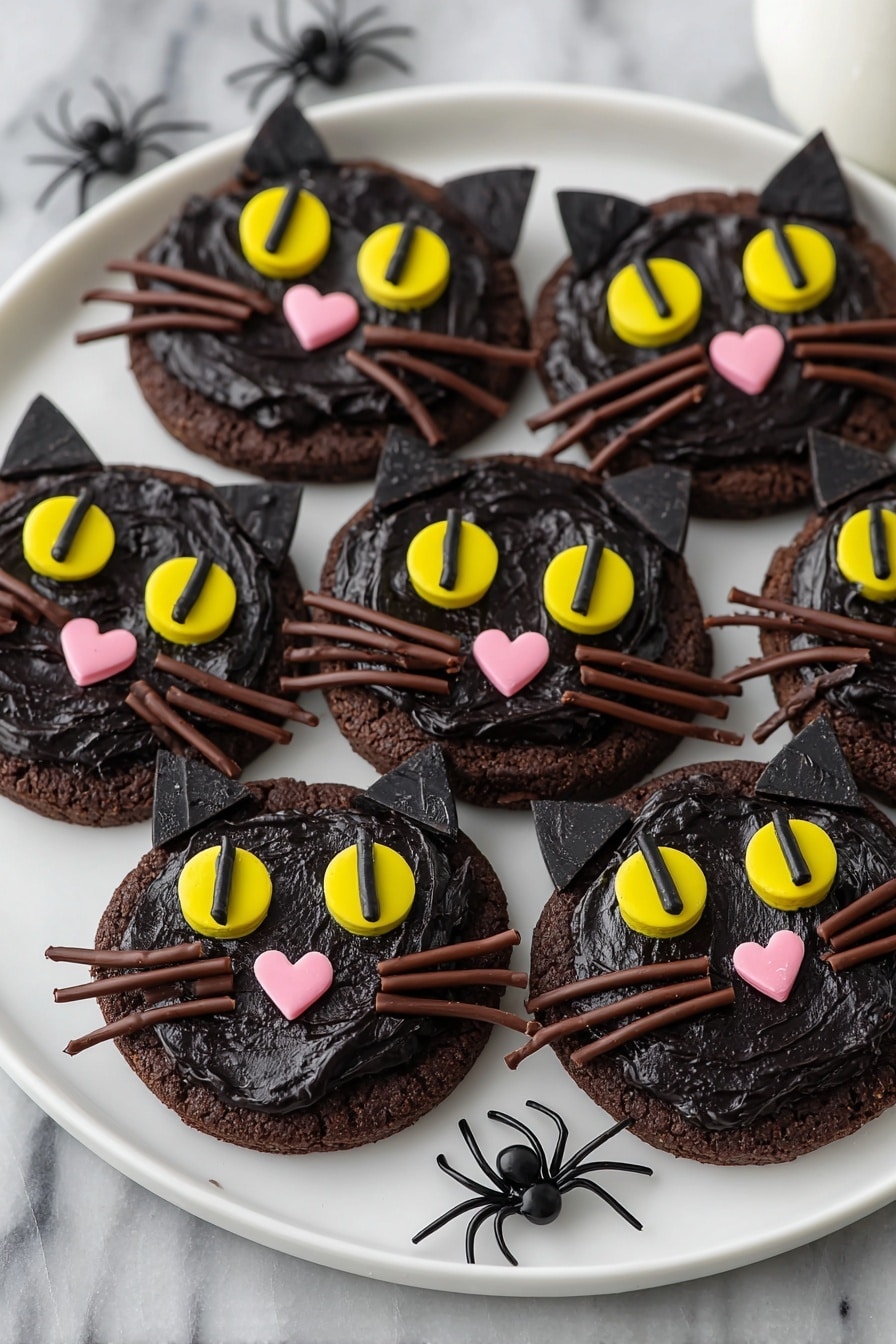 Black Cat Cookies, Halloween cookies, spooky treats, festive cookie recipe, kid-friendly Halloween baking - The image shows six round chocolate cookies arranged on a large white plate, each decorated to look like a black cat face. Every cookie has a thick dark chocolate frosting layer as the base. Two bright yellow candy eyes with black vertical slits sit near the top center of each cookie. Below the eyes, there is a small pink heart-shaped candy for the nose. Thin, brown licorice strips are placed on both sides of the nose to form whiskers. Two small, triangular pieces of chocolate are placed at the top edge of each cookie to create cat ears. The plate sits on a white marbled surface with two small black plastic spiders nearby for decoration. photo taken with an iphone --ar 2:3 --v 7