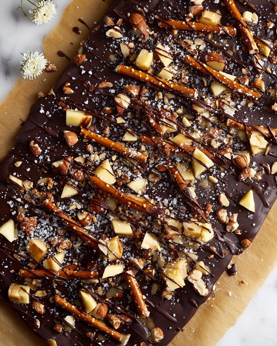 Caramel Apple Pretzel Bark, easy caramel apple pretzel bark, salty sweet apple pretzel treats, homemade caramel bark with apples, no-bake apple pretzel snack - The image shows a close-up of a dessert with three main layers. The bottom layer is made of pretzels with a warm brown color and a crunchy texture, spread evenly. On top of the pretzels, there are many broken pieces of light beige toffee or brittle, adding a rough and chunky texture. The top layer is a thick, glossy dark chocolate drizzle covering the brittle and pretzels, with some scattered coarse sea salt crystals and small peanut pieces adding extra texture and color contrast. The overall look is shiny and rich, with different shades of brown, beige, and dark chocolate, all resting on a white marbled surface. photo taken with an iphone --ar 2:3 --v 7