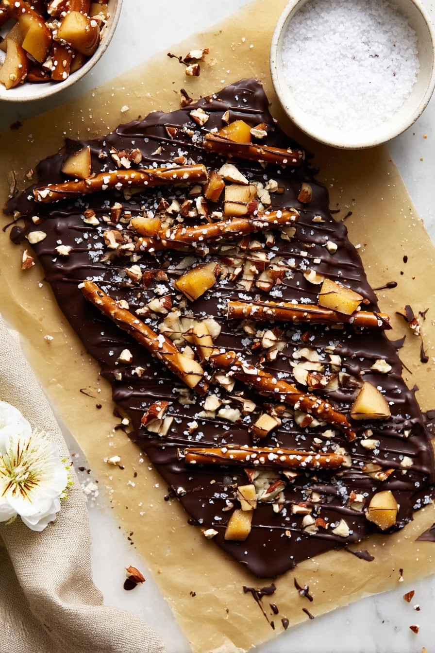 Caramel Apple Pretzel Bark, easy caramel apple pretzel bark, salty sweet apple pretzel treats, homemade caramel bark with apples, no-bake apple pretzel snack - The image shows thick dark chocolate bark with two main layers: a smooth, glossy dark brown chocolate base, and a thick topping layer of broken pretzel sticks, small light tan nut pieces, light tan apple chunks, and a drizzle of darker chocolate sauce across the top. The bark pieces rest on light brown parchment paper over a white marbled surface. To the side, there is a small white bowl filled with coarse sea salt. Small white flowers are placed decoratively around the edges. photo taken with an iphone --ar 2:3 --v 7