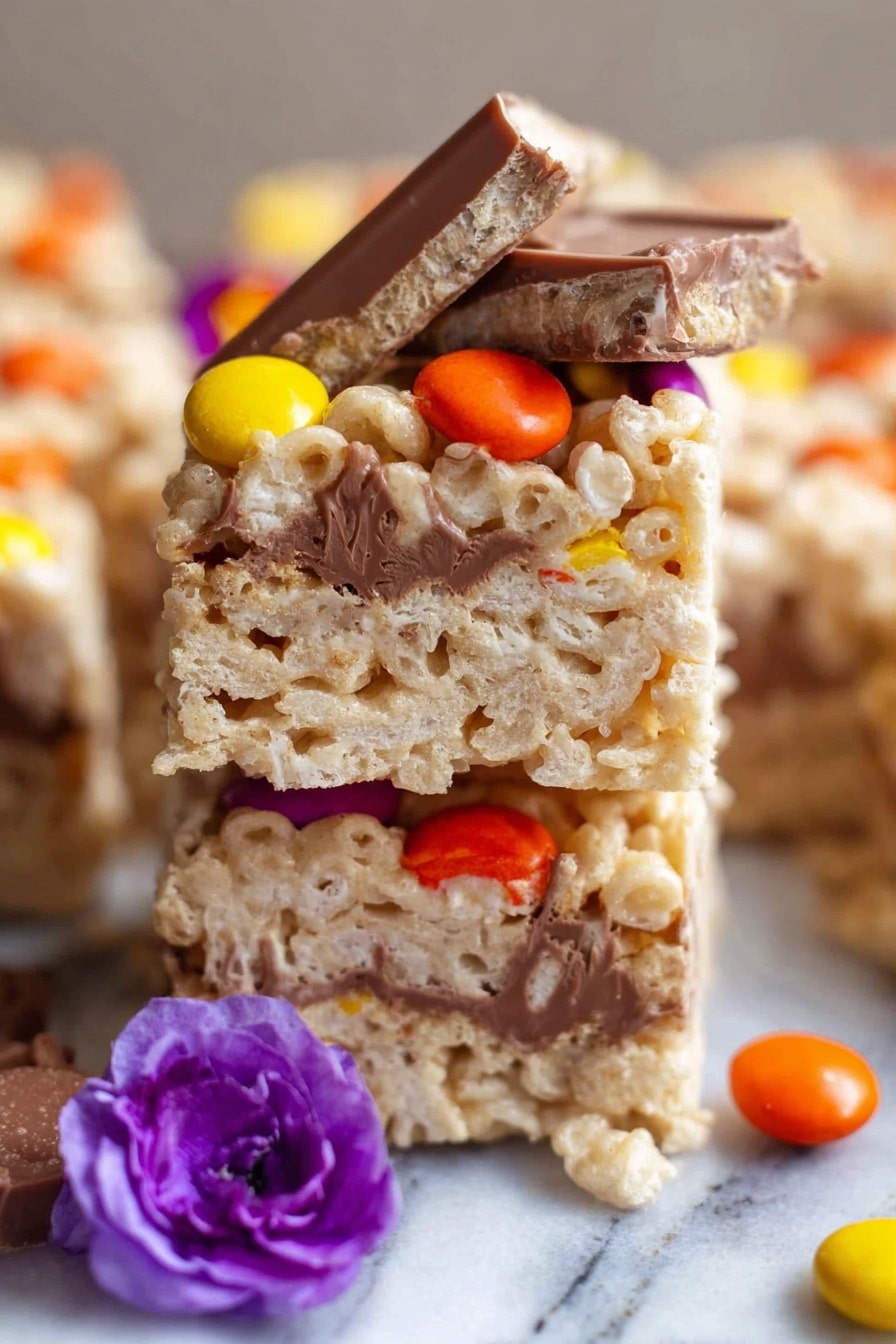 Chocolate Peanut Butter Rice Krispie Treats, peanut butter Rice Krispie bars, chocolate dessert recipes, easy Rice Krispie treats, no-bake chocolate peanut butter treats - Two rice cereal treats stacked on top of each other on a white marbled surface. Each treat has a light tan color with a crispy texture. The top treat shows a middle layer of melted chocolate surrounded by the rice cereal. Bright candy-coated chocolates in orange and yellow colors are scattered on top. There is also a piece of chocolate candy bar on the top treat. A purple edible flower petal is near the base of the stack. The background shows more of the same treats out of focus. photo taken with an iphone --ar 2:3 --v 7
