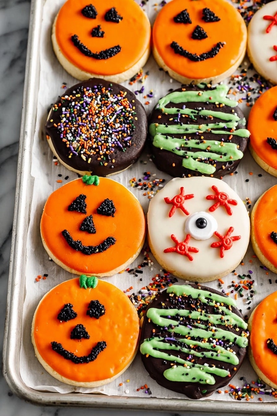 Halloween Oreo Candy Melts Treats, festive Halloween dessert, easy Halloween candy, no-bake Halloween treats, spooky Halloween party snacks - Three kinds of round cookies are shown on a baking tray lined with white parchment paper over a white marbled surface. The first kind has a solid bright orange icing base with black icing faces that look like jack-o'-lanterns, with two triangular eyes, a nose, and a smiling mouth. The second kind has a smooth white icing base topped with a small, round white candy with a black dot in the center, red icing lines coming out from the candy like spider legs. The third kind has a dark chocolate base with thick green icing drizzled diagonally over the top and multi-colored sprinkles scattered across the icing and tray. The cookies are closely arranged, and there are loose sprinkles of black, white, green, orange, and purple around them. photo taken with an iphone --ar 2:3 --v 7