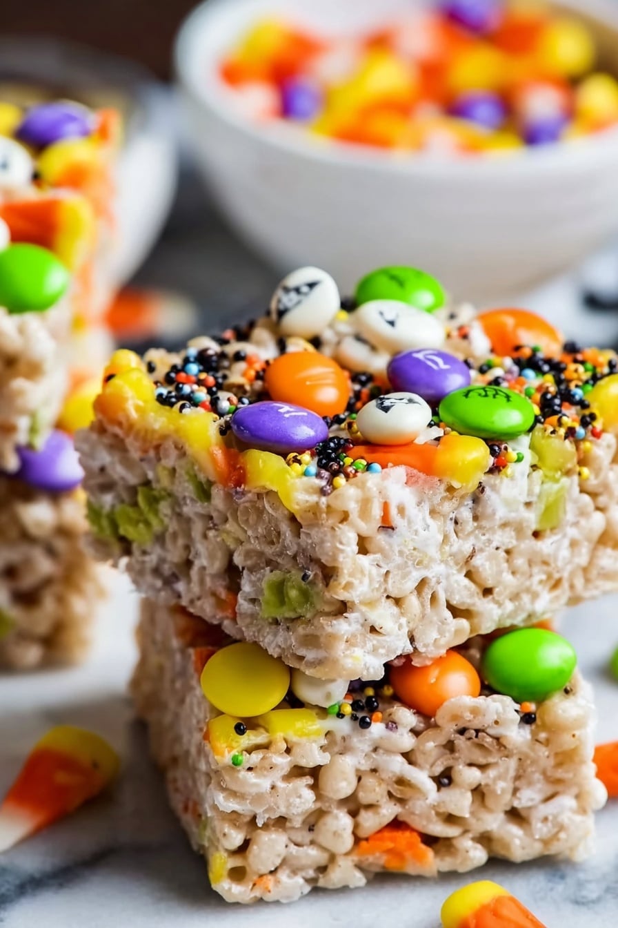 Halloween Rice Krispies Treats, festive Halloween treats, easy Halloween dessert, candy corn Rice Krispies, spooky party snacks - The image shows a close-up of three square crispy rice treats stacked on top of each other. Each treat has visible layers of light beige crispy rice mixed with melted white marshmallow that creates a sticky texture. On top, colorful candy pieces, including candy corn in yellow, orange, and white, as well as green and orange M&M-like chocolates and small colorful sprinkles in black, purple, green, and orange, decorate the surface. The treats sit on a white marbled surface with more colorful candy pieces in clear white bowls blurred in the background. Photo taken with an iphone --ar 2:3 --v 7