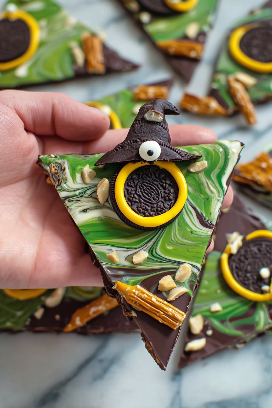 Melted Witch Halloween Bark, Halloween candy, Halloween treat ideas, spooky Halloween desserts, festive Halloween bark - The image shows a hand holding a triangular piece of chocolate bark with three visible layers. The bottom layer is solid dark chocolate with a smooth finish. The middle layer is a swirl of green and white chocolate, creating a marbled effect. On top, there is a decorated Oreo cookie with a small chocolate witch hat in the center, outlined with a bright yellow ring of icing. Around the bark, there are small white candy eyes and slivers of white nuts scattered. The piece is finished with pretzel sticks dipped in chocolate placed diagonally at the edges, creating a broomstick look. The background is a white marbled surface with more similar chocolate bark pieces nearby. Photo taken with an iphone --ar 2:3 --v 7