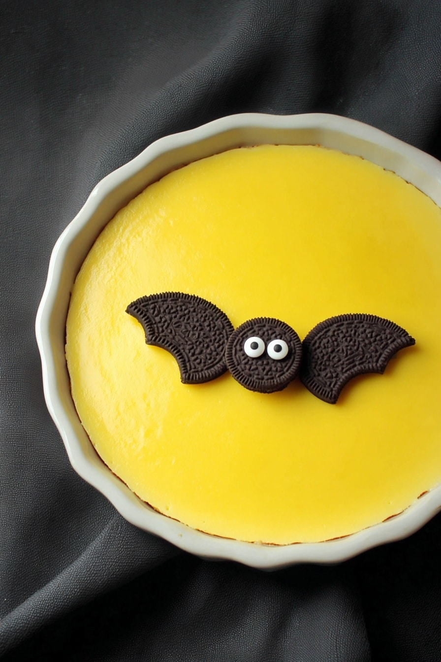 No Bake Boston Cream Halloween Pie, Halloween dessert, no bake Halloween pie, festive pumpkin pie, easy Halloween desserts - The dish is a round cake with a smooth, bright yellow layer of icing covering the top. On the surface, there are two small bat decorations made from dark chocolate sandwich cookies, with each bat having half of the cookie as wings and small white candy eyes placed in the middle of the bat shape. The cake sits inside a white bowl, and the background has a white marbled texture. photo taken with an iphone --ar 2:3 --v 7