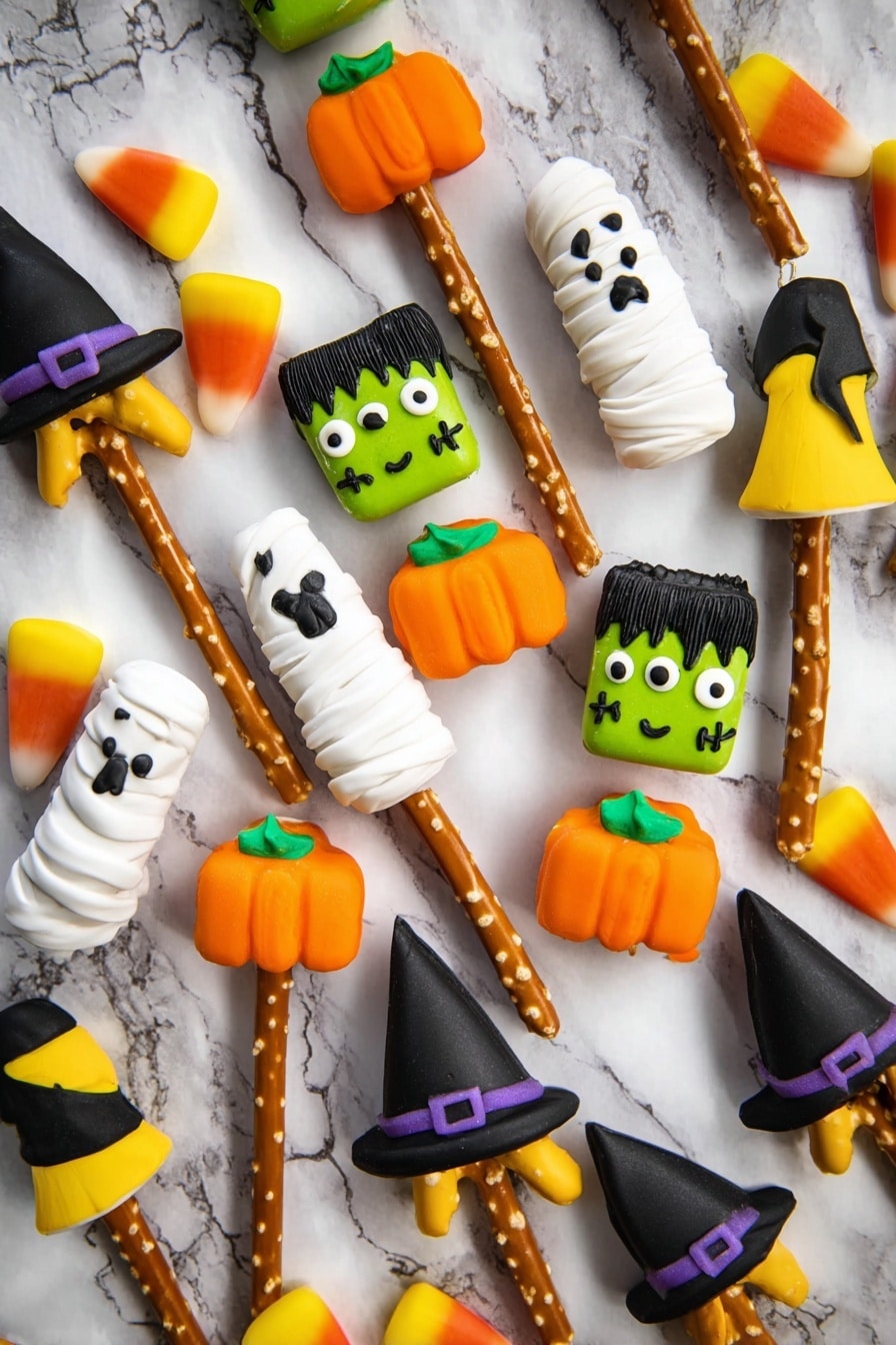 Halloween Pretzels with Fondant Decorations and Chocolate Topping, festive Halloween pretzel treats, easy Halloween snack ideas, Halloween party appetizer, kid-friendly Halloween desserts - The image shows a collection of Halloween-themed treats made with pretzel sticks as handles, each topped with different colorful fondant or candy shapes. There are orange pumpkin shapes with green stems, white mummy heads with black eyes wrapped in white fondant bands, green Frankenstein faces with black hair and stitched mouths, yellow and white candy corn shapes with an orange base, black bats with yellow eyes, and black witch hats with purple bands. The pretzels are scattered on a white marbled surface, creating a festive and playful arrangement. photo taken with an iphone --ar 2:3 --v 7