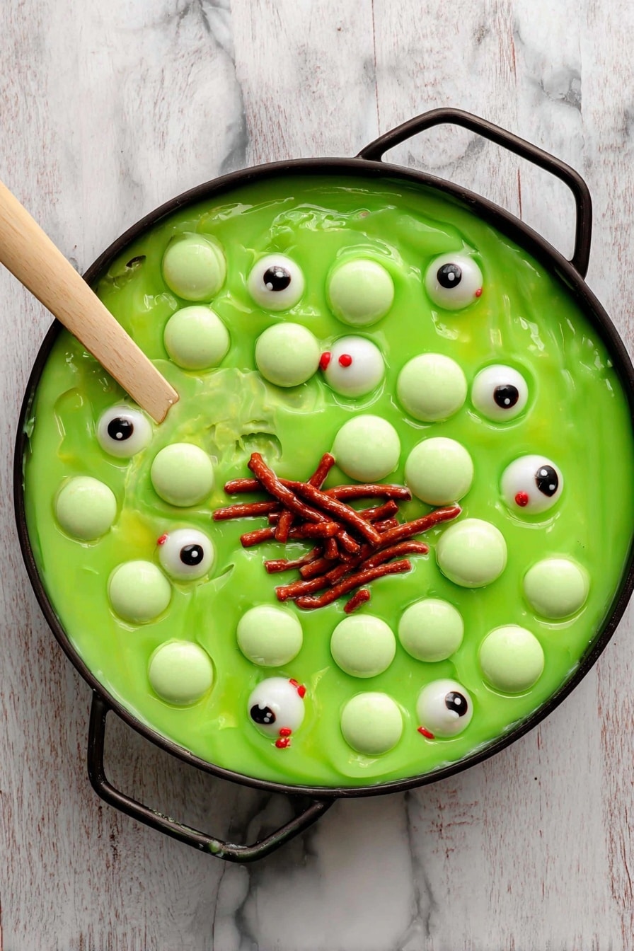 Witches Brew Halloween Trifle, Halloween dessert recipes, spooky Halloween sweets, easy Halloween party desserts, Halloween trifle ideas - This image shows a large black bowl and a small clear glass bowl filled with a green, slimy jelly-like dessert. Both bowls have a layer of bright green bubbles on top, resembling slime, with several candy eyeballs scattered among the green bubbles. In the center of the green layer, there is a cluster of reddish-brown licorice sticks that look like worms. The bowls rest on a wooden surface, and a spoon is placed in the smaller bowl with one licorice sticking onto it. The overall look is playful and spooky, like a Halloween treat. Photo taken with an iphone --ar 2:3 --v 7