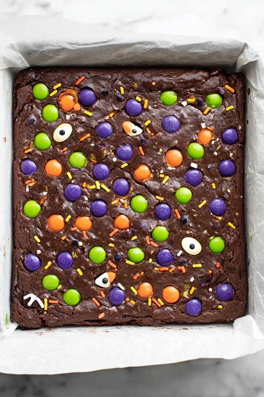Halloween Brownies, Halloween Brownies Recipe, Festive Brownie Ideas, Spooky Halloween Desserts, Fudgy Halloween Brownies - A square, thick chocolate brownie sits on a sheet of white parchment paper inside a white baking pan. The brownie has a rich brown color with a slightly cracked top, scattered generously with colorful round purple, green, and orange candy-coated chocolates. There are also small black, orange, green, and purple sprinkles, along with a few small white candy shapes and pairs of candy eyeballs spread unevenly across the surface. The brownie edges are firm and the texture appears dense and fudgy. The baking pan rests on a white marbled surface. Photo taken with an iphone --ar 2:3 --v 7