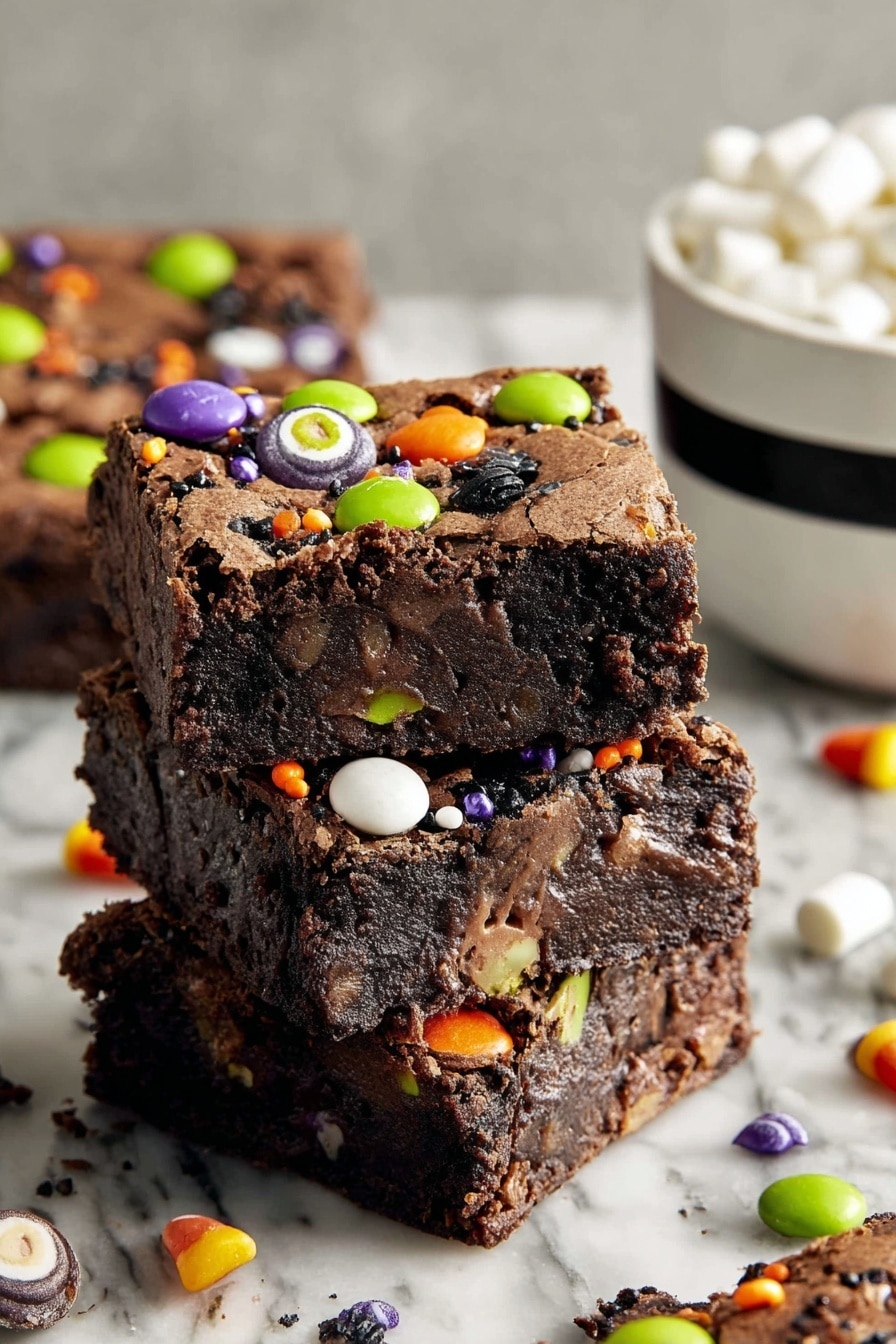 Halloween Brownies, Halloween Brownies Recipe, Festive Brownie Ideas, Spooky Halloween Desserts, Fudgy Halloween Brownies - The image shows three stacked chocolate brownies with a soft, crumbly texture. Each brownie is dark brown and decorated on top with colorful candy pieces in green, orange, purple, and white, along with small orange, black, green, and purple sprinkles scattered across. The top layer has a slightly cracked surface revealing the rich, dense inside. The brownies are on a white marbled surface, and in the background, there is a white bowl with a black stripe filled with white candy pieces. Photo taken with an iphone --ar 2:3 --v 7