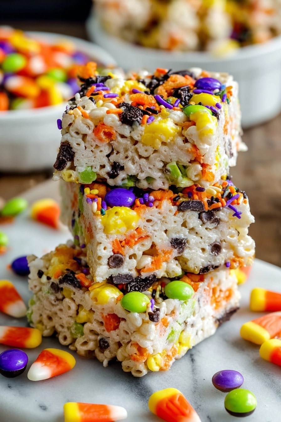 Halloween Rice Krispies Treats, festive Halloween treats, easy Halloween dessert, candy corn Rice Krispies, spooky party snacks - The image shows a stack of three square rice cereal treat bars. Each bar is creamy white with a sticky texture and has colorful candy pieces mixed throughout. The candies include bright orange, yellow, purple, green, and black sprinkle bits, as well as candy corn and small round chocolate-coated candies in orange, green, purple, and yellow. The bars have a bumpy surface with some melted chocolate pieces visible. Around the base, more candy-coated chocolates and candy corn pieces are scattered, all on a white marbled surface with blurred white bowls holding more candies in the background. Photo taken with an iphone --ar 2:3 --v 7