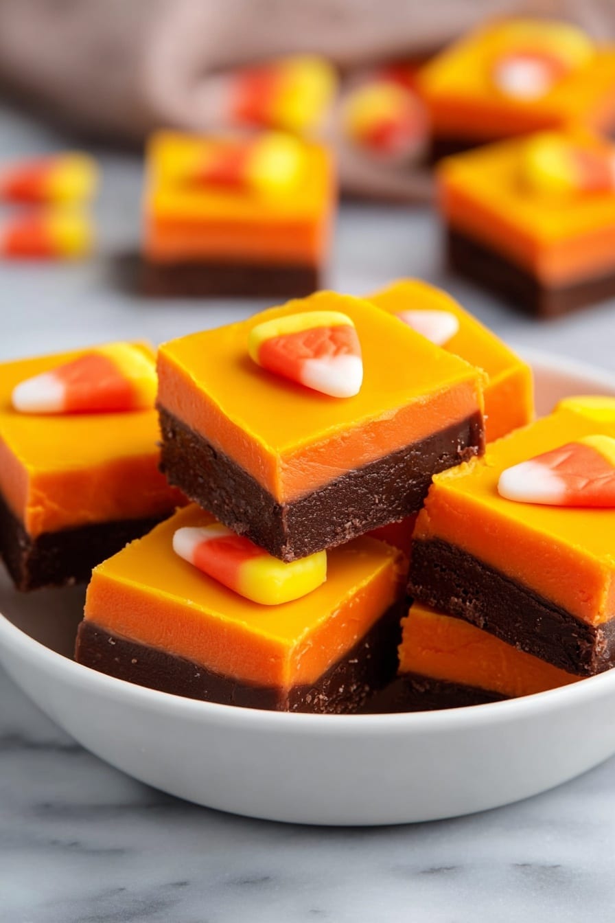 Halloween Fudge, festive Halloween treats, spooky fudge recipe, easy Halloween dessert, candy corn fudge - A white bowl filled with square layered treats, each having two distinct layers: a thick dark brown bottom layer and a vibrant orange top layer. On the very top of each square is a small candy shaped like a candy corn, featuring three colors: yellow at the base, orange in the middle, and white at the tip. The bowl sits on a white marbled surface. In the background, parts of more treats and candy can be seen, softly blurred. photo taken with an iphone --ar 2:3 --v 7