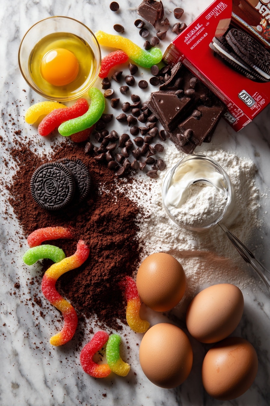 Dirt and Worm Cake Mix Cookies, Halloween no-bake cookies, fun dessert recipes, chocolate cookie ideas, kid-friendly sweets - Flat lay of rich dark chocolate cake mix box with deep brown powder spilling slightly, glossy semi-sweet chocolate chips gleaming with smooth texture, creamy white heavy cream in a small glass pouring stream, whole black and white crushed Oreo cookies showcasing their cookie texture and creamy filling, vibrant gummy worms in bright red, orange, yellow, and green colors coiled and intertwined, two large brown eggs with smooth shells, golden vegetable oil glistening in a small puddle, all naturally arranged in a casual yet artistic spread, placed on white marbled surface, photo taken with an iphone --ar 2:3 --v 7