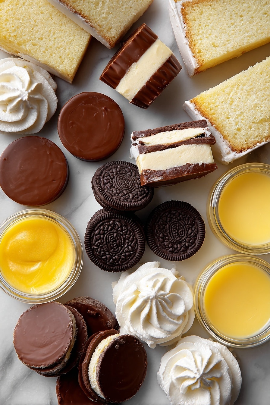 No Bake Boston Cream Halloween Pie, Halloween dessert, no bake Halloween pie, festive pumpkin pie, easy Halloween desserts - Flat lay of shiny mini Reese's peanut butter cups with their smooth, rich brown chocolate coating, fresh Oreo chocolate sandwich cookies broken into halves revealing creamy white filling, several dollops of thick, fluffy whipped cream with soft peaks, slices of light and airy white pound cake with a tender crumb, small containers of bright yellow vanilla pudding glowing with a smooth, creamy texture, a small jar of golden yellow gel food coloring showing its vibrant hue, all carefully and naturally arranged with slight overlaps and gentle spacing to highlight each ingredient’s rich colors and textures, placed on white marbled surface, photo taken with an iphone --ar 2:3 --v 7