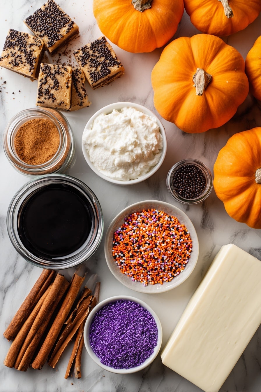 Halloween Pumpkin Spice Cookie Cake with Cream Cheese Frosting, fall pumpkin spice dessert, Halloween festive treat, easy cookie cake recipe, pumpkin spice holiday baking - Flat lay of bright orange pumpkin, golden brown raw cookie dough chunks speckled with cinnamon and nutmeg, a smooth block of creamy white cream cheese, small jars of warm brown pumpkin spice and rich cinnamon sticks, a small bowl of vibrant multicolored Halloween sprinkles in orange, black, and purple, and a small jar of glossy black gel food coloring, all arranged with natural shadows and soft light placed on white marbled surface, photo taken with an iphone --ar 2:3 --v 7