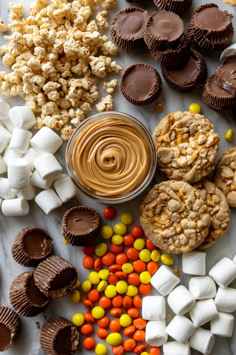 Chocolate Peanut Butter Rice Krispie Treats, peanut butter Rice Krispie bars, chocolate dessert recipes, easy Rice Krispie treats, no-bake chocolate peanut butter treats - Flat lay of creamy peanut butter in a small swirl, soft white mini marshmallows scattered around, crunchy golden rice cereal clusters, rich chocolate peanut butter cups with glossy surfaces, golden-brown mini Nutter Butter cookies with ridged texture, bright orange, yellow, and brown Reese's Pieces candies adding pops of color, all arranged naturally with some ingredients overlapping and others spaced out, placed on white marbled surface, photo taken with an iphone --ar 2:3 --v 7