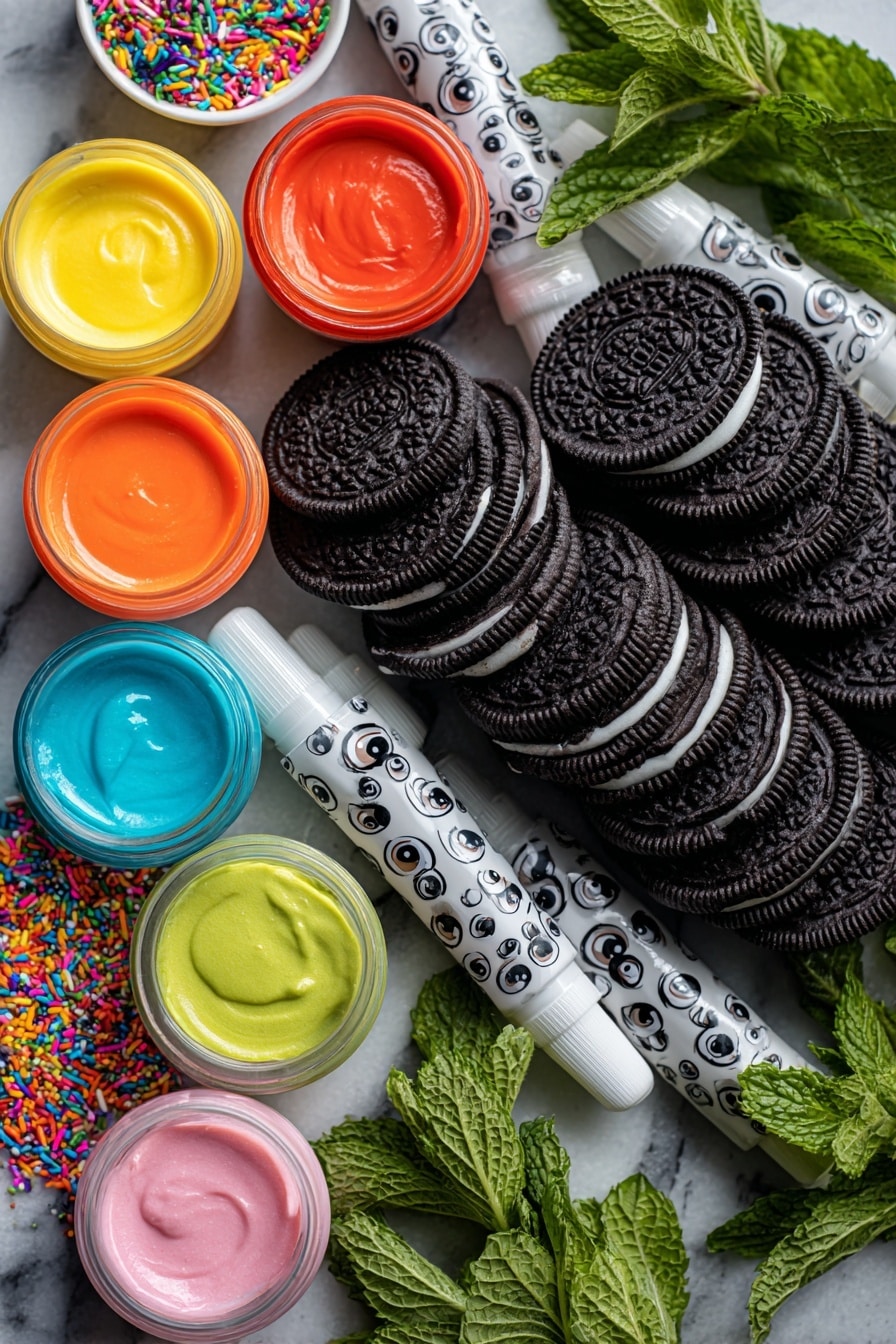 Halloween Oreo Candy Melts Treats, festive Halloween dessert, easy Halloween candy, no-bake Halloween treats, spooky Halloween party snacks - Flat lay of a stack of glossy black and white Oreo cookies, colorful candy melts in bright orange, vibrant yellow, deep black, and soft pastel pink, tiny candy eyes with shiny white and black details, a mix of rainbow sprinkles in red, green, blue, and yellow, delicate gel food coloring tubes in bold hues, all neatly arranged with a few sprigs of fresh green mint leaves for contrast, placed on white marbled surface, photo taken with an iphone --ar 2:3 --v 7