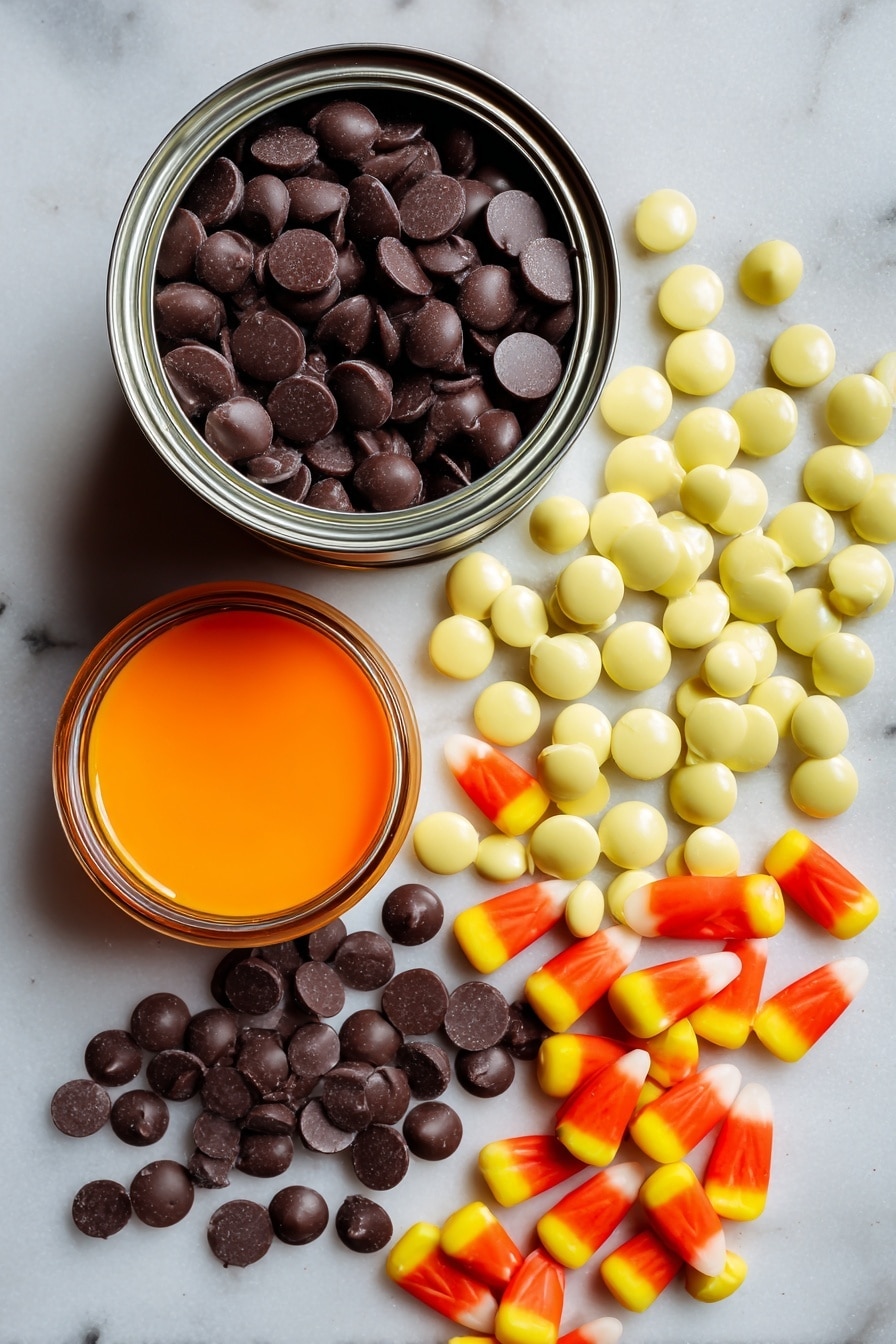 Halloween Fudge, festive Halloween treats, spooky fudge recipe, easy Halloween dessert, candy corn fudge - Flat lay of rich, glossy semi-sweet chocolate chips in deep brown, smooth white chocolate chips in creamy ivory, a shiny can of sweetened condensed milk with its metallic label, bright orange gel food coloring in a small vibrant jar, and colorful candy corn pieces displaying their classic yellow, orange, and white hues, all arranged naturally with some scattered for texture contrast, placed on white marbled surface, photo taken with an iphone --ar 2:3 --v 7