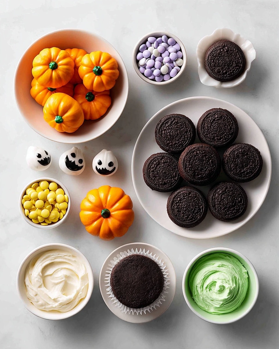 Pumpkin Patch Brownie Bites, fall dessert ideas, Halloween treats, festive brownie bites, pumpkin Halloween snacks - Flat lay of rich dark chocolate brownie bites with a soft, fudgy texture, shiny orange candy pumpkins with smooth surfaces, dollops of creamy white vanilla frosting tinted with vibrant green food coloring creating bright grassy swirls, small clusters of fresh green mint leaves adding pops of natural freshness, arranged naturally with slight overlaps and gentle shadows, placed on white marbled surface, photo taken with an iphone --ar 2:3 --v 7