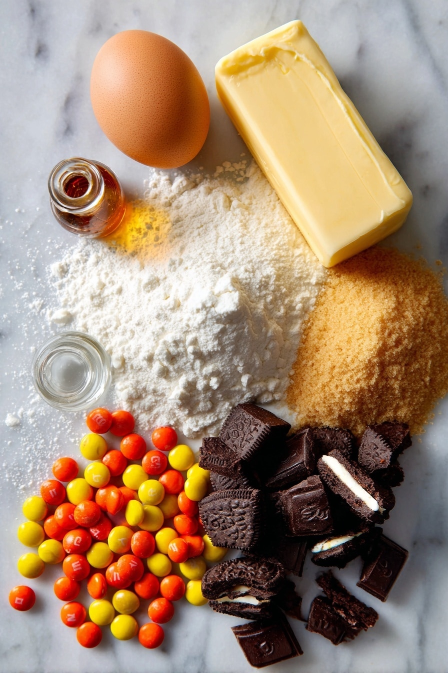 Halloween Oreo M&M's Cookies, festive Halloween cookies, easy Halloween cookie recipe, colorful seasonal cookies, spooky dessert ideas - Flat lay of slightly softened golden butter, rich brown sugar with its coarse texture, fine white granulated sugar, a fresh brown-speckled egg, a small glass vial of clear vanilla extract, a neat mound of soft white flour, smooth white corn starch powder, bright orange, yellow, red, and brown Halloween M&M's candies scattered with glossy shells, and roughly chopped dark chocolate Halloween Oreo cookies with creamy white filling visible, all beautifully arranged in a natural, casual pattern with some crumbs and candy pieces overlapping, placed on white marbled surface, photo taken with an iphone --ar 2:3 --v 7