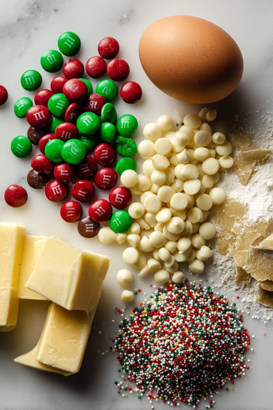 Christmas Cookie Bars, easy holiday cookie bars, festive dessert recipes, no-bake Christmas treats, colorful holiday cookie bars - Flat lay of colorful red and green M&Ms scattered alongside creamy white chocolate chips and rich semi-sweet chocolate chips, soft golden brown sugar crystals, smooth pale yellow unsalted butter, fresh large brown egg with a glossy shell, and a small heap of festive multicolored holiday sprinkles, all arranged naturally with slight shadows and textures visible, placed on white marbled surface, photo taken with an iphone --ar 2:3 --v 7