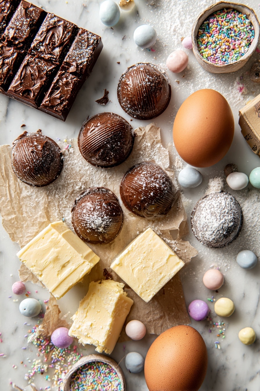 Chocolate Kiss Cookies, easy chocolate cookies, no-bake cookies, chocolate dessert recipes, quick cookie ideas - Flat lay of rich dark chocolate kisses with shiny wrappers removed, soft pale cream cheese blocks, smooth golden butter sticks, a single large brown egg, scattered white granulated sugar crystals, colorful tiny round sprinkles in pastel hues, and a box of deep brown chocolate cake mix partially open, all arranged in a natural, slightly scattered pattern with contrasting textures and soft shadows, placed on white marbled surface, photo taken with an iphone --ar 2:3 --v 7