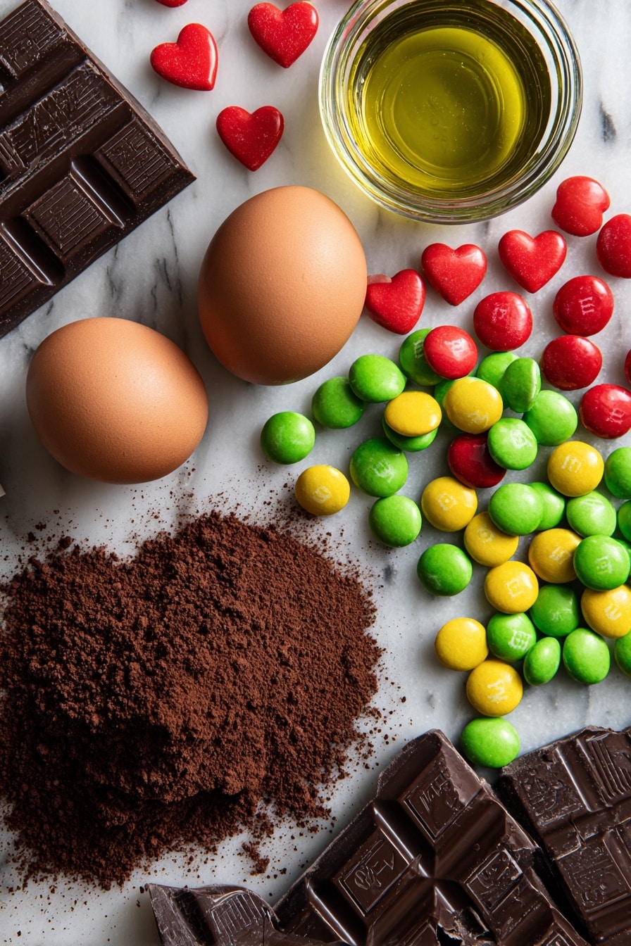 Black Cat Cookies, Halloween cookies, spooky treats, festive cookie recipe, kid-friendly Halloween baking - Flat lay of rich dark Devil’s Food cake mix box with deep brown cocoa powder spilling beside it, two large glossy brown eggs, smooth golden vegetable oil in a small glass jar, vivid green and bright yellow M&Ms with shiny surfaces, large red heart-shaped sprinkles with a matte texture, slender shiny black licorice sticks, and solid dark brown Hershey chocolate bars broken into triangles, all beautifully arranged in a natural, slightly scattered pattern to highlight textures and colors, placed on white marbled surface, photo taken with an iphone --ar 2:3 --v 7