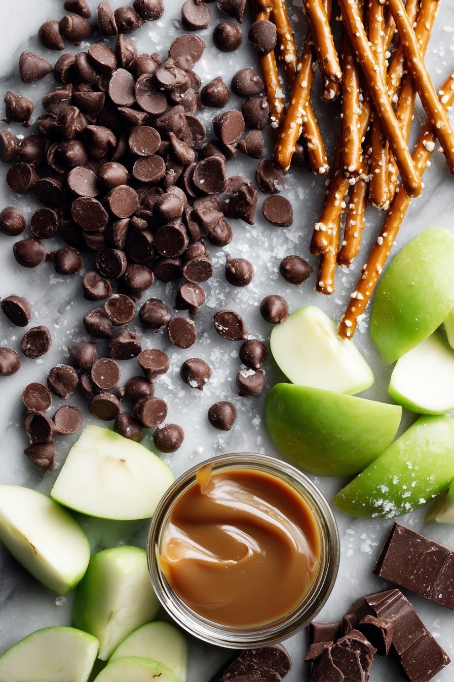 Caramel Apple Pretzel Bark, easy caramel apple pretzel bark, salty sweet apple pretzel treats, homemade caramel bark with apples, no-bake apple pretzel snack - Flat lay of glossy semi-sweet chocolate chips in rich dark brown clusters, long golden pretzel sticks with a crisp texture, bright green apple chunks showing their fresh juicy flesh, smooth golden caramel sauce in a thick drizzle, and delicate white sea salt flakes scattered naturally, all beautifully arranged with a balance of colors and textures, placed on white marbled surface, photo taken with an iphone --ar 2:3 --v 7