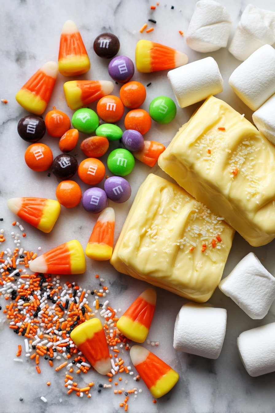 Halloween Rice Krispies Treats, festive Halloween treats, easy Halloween dessert, candy corn Rice Krispies, spooky party snacks - Flat lay of bright orange candy corn with smooth, glossy textures, colorful Halloween M&Ms in shades of orange, black, green, and purple, fluffy white mini marshmallows with a soft, pillowy appearance, rich golden yellow unsalted butter blocks with a creamy texture, and tiny orange, black, and white Halloween-themed sprinkles scattered delicately, all arranged in a natural, slightly scattered pattern with pops of vibrant color and varied shapes, placed on white marbled surface, photo taken with an iphone --ar 2:3 --v 7
