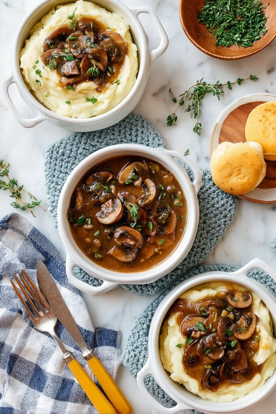 Mushroom Gravy, mushroom gravy recipe, vegetarian mushroom gravy, easy mushroom gravy, flavorful mushroom sauce - The image shows three white bowls with handles, each filled with two layers: a smooth, creamy white mashed potato base topped with a rich brown mushroom gravy containing sliced mushrooms and small green herb pieces. The bowls are placed on a white marbled surface with a soft blue knitted mat under one bowl. Fresh herb sprigs are scattered on the bowls and around the setup. There are also two yellowish bread rolls near the top right, a wooden bowl with green herbs, a small wooden plate with more herbs, and a blue and white checkered napkin holding two vintage forks and a yellow-handled knife at the bottom left. The scene looks clean and inviting, with natural lighting highlighting the textures. Photo taken with an iphone --ar 2:3 --v 7