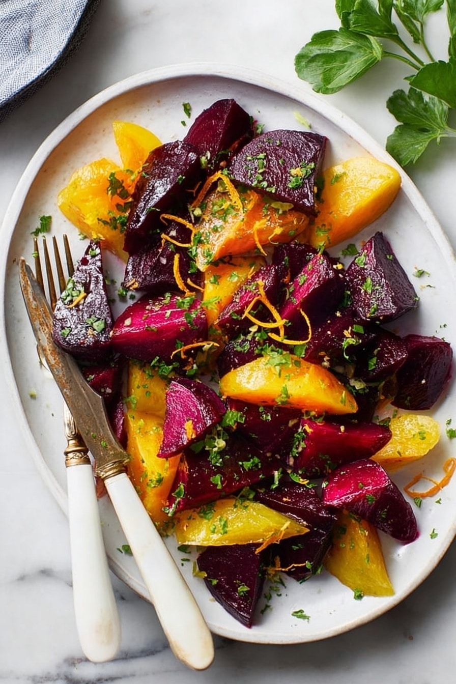 Roasted Beets, beet roasting tips, easy beet recipes, healthy roasted vegetables, simple beet side dish - The image shows a white plate with many pieces of roasted beets, dark purple and golden yellow in color. The beets have a soft, shiny texture and are mixed with small green chopped herbs sprinkled on top, along with a few thin orange zest strands adding bright contrast. A silver fork and knife with white and brass handles rest on the edge of the plate. The plate sits on a white marbled surface with a few green leaves peeking in the upper right corner. The overall look is fresh, colorful, and vibrant. photo taken with an iphone --ar 2:3 --v 7