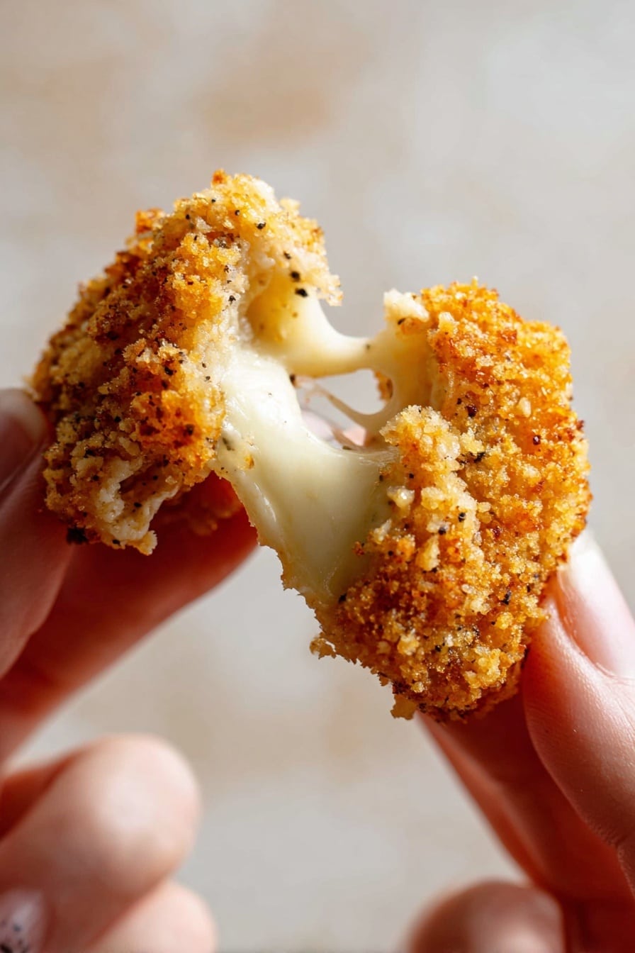Baked Mozzarella Sticks, cheesy baked mozzarella sticks, crispy baked mozzarella sticks, oven-baked mozzarella sticks, homemade mozzarella sticks - A close-up photo of a person's two fingers pulling apart a crispy, crumb-coated fried piece of food, showing melted white, stretchy cheese inside. The crumb coating is golden brown with small black specks, and the background is a soft, blurry white marbled texture. The photo focuses tightly on the texture of the crunchy outside and the smooth cheese inside. photo taken with an iphone --ar 2:3 --v 7