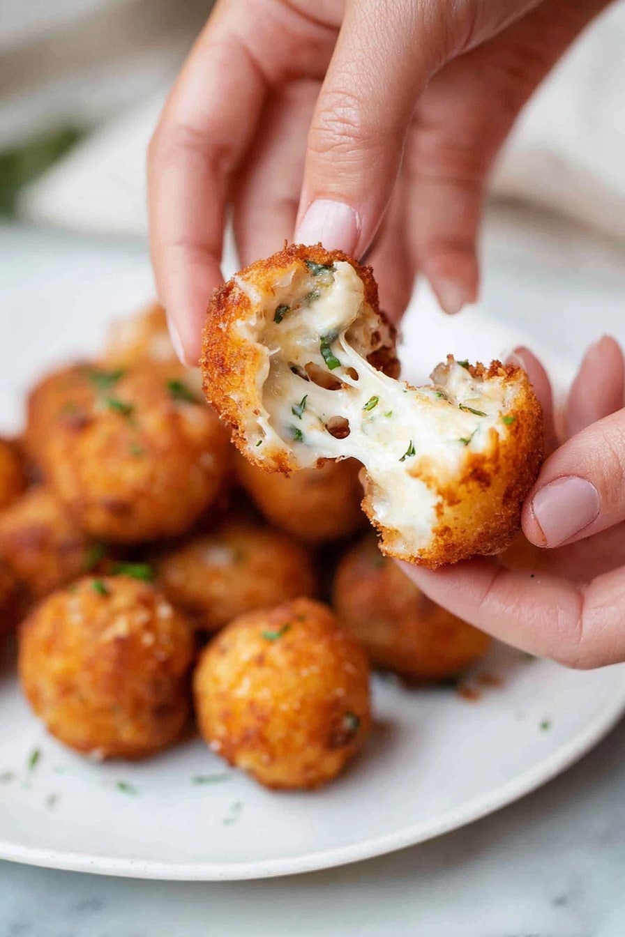 Cheddar and Green Onion Mashed Potato Balls, cheesy potato bites, crispy mashed potato snacks, savory potato appetizers, green onion potato balls - The image shows several golden brown fried balls arranged in a loose cluster on a white plate with a white marbled surface background. Each ball has a crispy, textured outer layer with a crunchy appearance. One ball is open, revealing a soft, creamy white inside with small green bits mixed within. Small green herb pieces are scattered lightly around the balls on the plate. Photo taken with an iphone --ar 2:3 --v 7