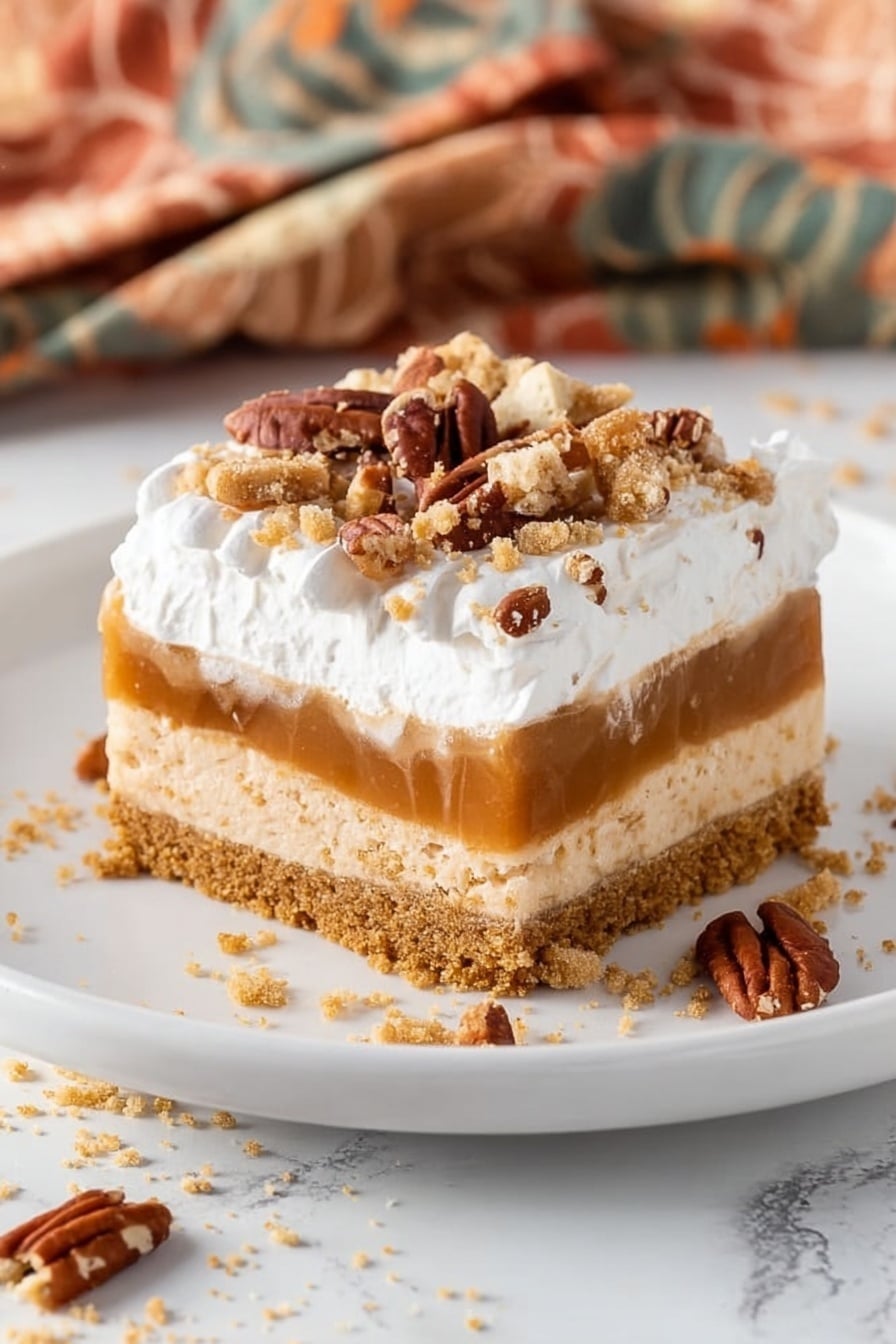 No Bake Pumpkin Lush, pumpkin lush dessert, no bake pumpkin pie, easy pumpkin dessert, fall no bake recipes - The image shows a square slice of dessert on a white plate resting on a white marbled surface. The dessert has four visible layers: the bottom layer is crumbly and brown like a cookie or crust; above it is a thicker light brown creamy layer, followed by a thinner smooth caramel-colored layer; the top layer is white and fluffy, likely whipped cream, sprinkled with chunks of broken cookies and pecans. Some pecan pieces and crumbs are scattered around the plate. In the background, a patterned cloth with earthy colors is softly blurred. Photo taken with an iphone --ar 2:3 --v 7