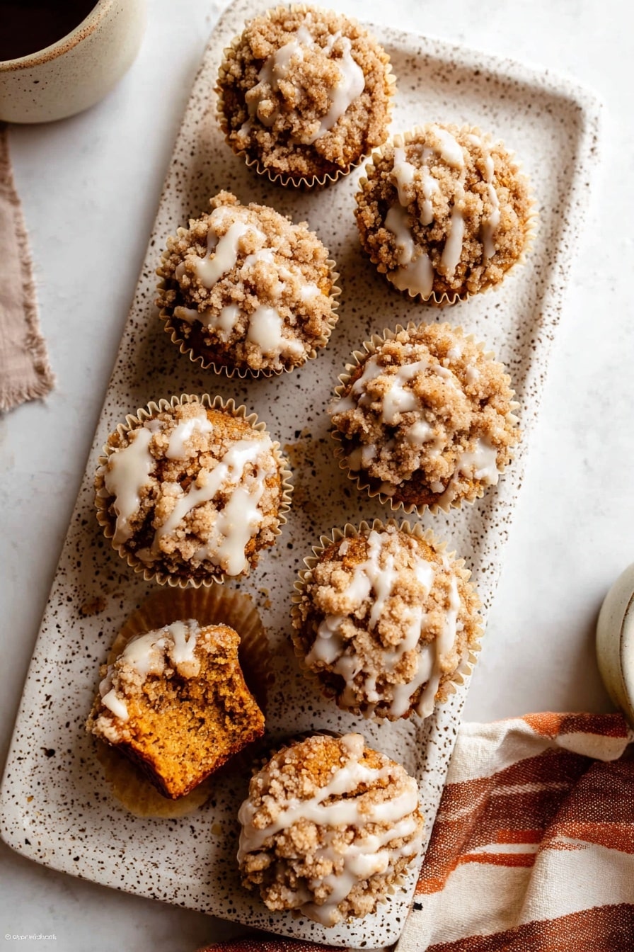 Pumpkin Crumb Cake Muffins, pumpkin muffins with crumb topping, fall baking recipes, easy pumpkin muffin recipe, cozy autumn desserts - The image shows eight crumb-topped muffins on a long white speckled tray, each in a light beige muffin liner. The muffins have a golden-brown color with a thick, crumbly topping that is drizzled with a white glaze. Two muffins at the bottom have a bite taken out, revealing a moist, dense orange-brown interior. The tray sits on a white marbled surface, next to a warm brown and cream striped cloth on the right side, with a small part of a white cup visible on the left edge. photo taken with an iphone --ar 2:3 --v 7