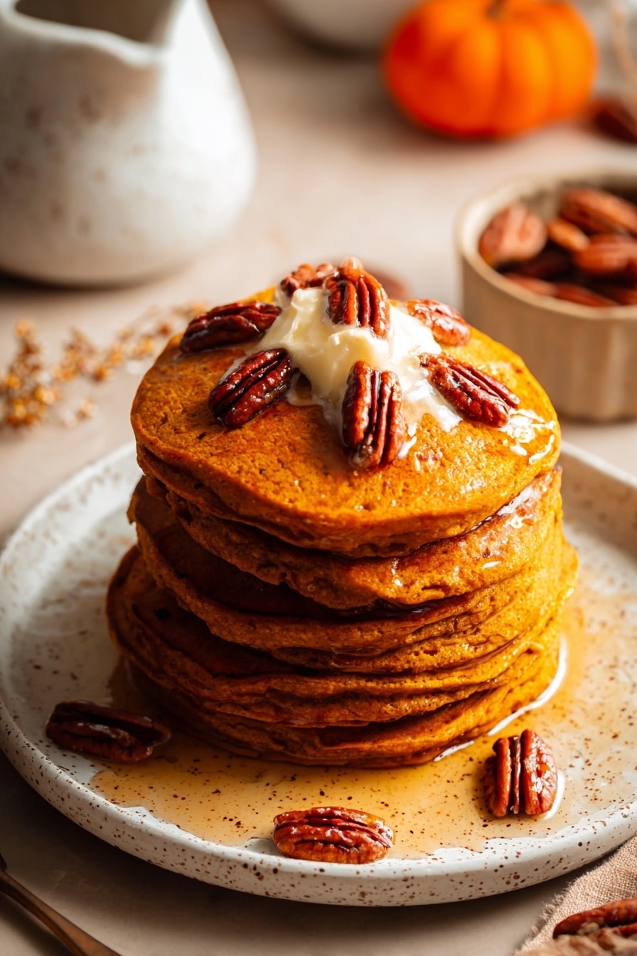 Vegan Pumpkin Pancakes, healthy fall breakfast, dairy-free pumpkin pancakes, fluffy vegan pancakes, easy pumpkin pancake recipe - A tall stack of five thick pumpkin-colored pancakes sits on a white plate speckled with brown dots, each pancake showing a slightly rough texture with some visible air bubbles. On top of the stack is a dollop of melting pale butter surrounded by shiny amber syrup that drips down the sides. Five glossy pecan halves are placed on top, with some scattered around the plate and table. The background shows a bowl with a white marbled texture and soft focus elements of more pecans and an orange object in a white dish. The scene is warmly lit and close up, photo taken with an iphone --ar 2:3 --v 7