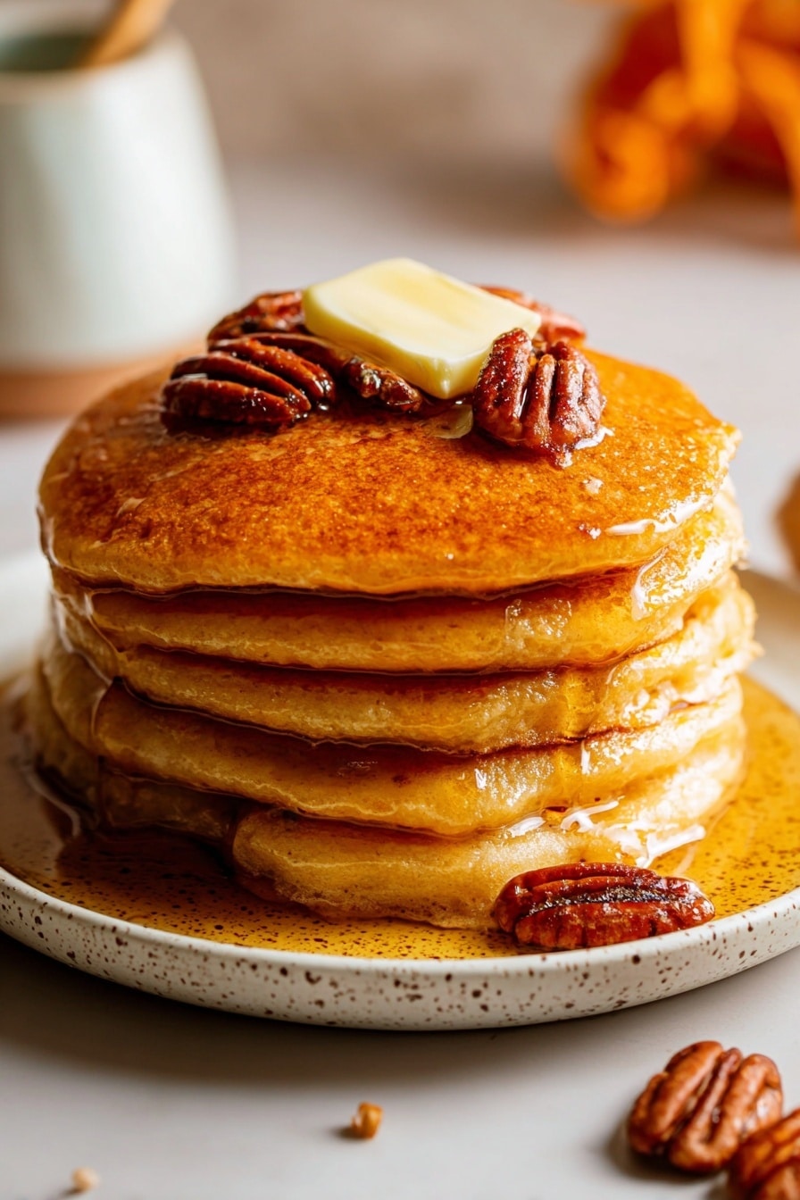 Vegan Pumpkin Pancakes, healthy fall breakfast, dairy-free pumpkin pancakes, fluffy vegan pancakes, easy pumpkin pancake recipe - A stack of five thick, golden brown pancakes sits in the center of a white speckled plate on a white marbled surface. Each pancake is fluffy with a smooth, slightly uneven texture, showing a warm, cooked tone. On top of the stack, there is a square piece of pale yellow butter melting slowly, surrounded by syrup dripping over the edges, giving a shiny glaze to the pancakes. Four whole pecans, deep brown with ridged texture, rest on the top pancake, with a few more scattered around the base on the plate. In the soft blurred background, warm orange and white shapes are faintly visible, adding a cozy atmosphere. Photo taken with an iphone --ar 2:3 --v 7