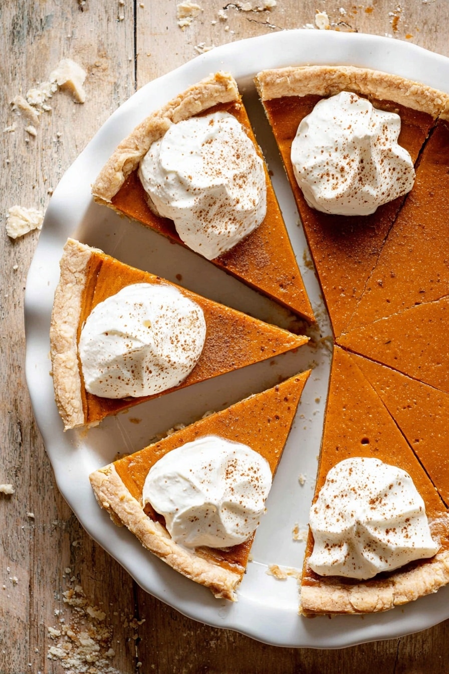 Vegan Pumpkin Pie, vegan pumpkin pie recipe, plant-based pumpkin dessert, dairy-free pumpkin pie, easy vegan pumpkin pie - This image shows a pumpkin pie cut into eight slices on a white scalloped pie plate. The pie has two layers: a thick, smooth, orange pumpkin filling on the bottom and a golden-brown, flaky crust around the edges. Four of the slices are topped with a dollop of white whipped cream, sprinkled with a light dusting of brown spice, likely cinnamon or nutmeg. The pie plate is sitting on a worn wooden surface with scattered crumbs. photo taken with an iphone --ar 2:3 --v 7